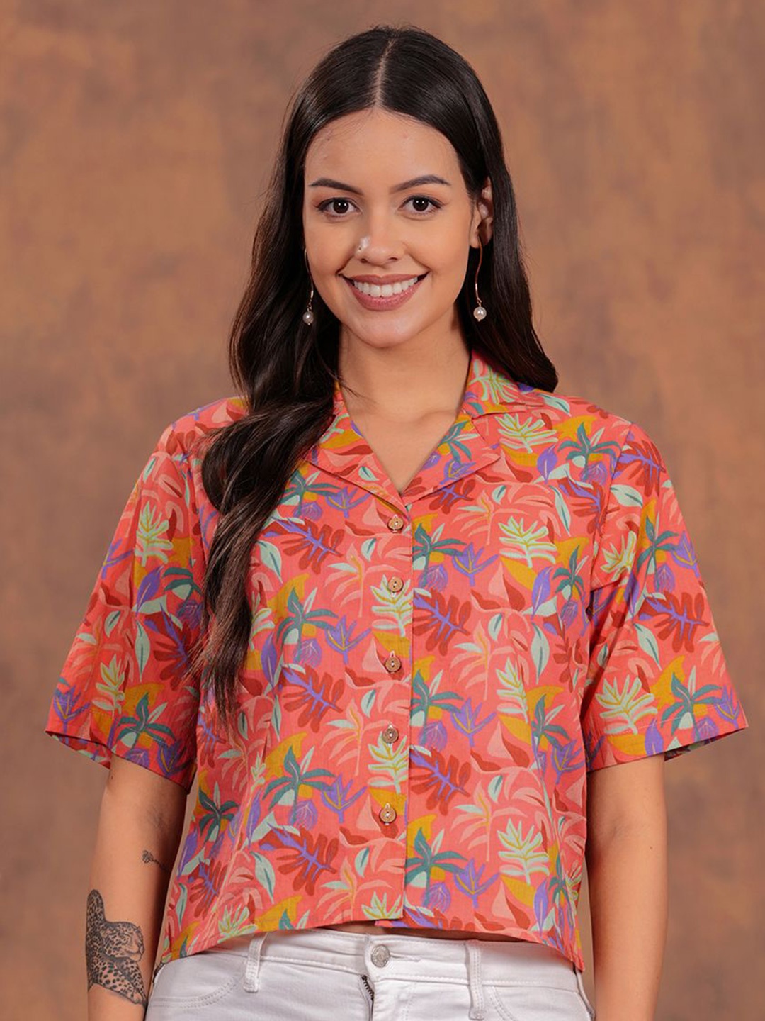 

SHIONS Women Floral Printed Cotton Shirt Style Crop Top, Peach