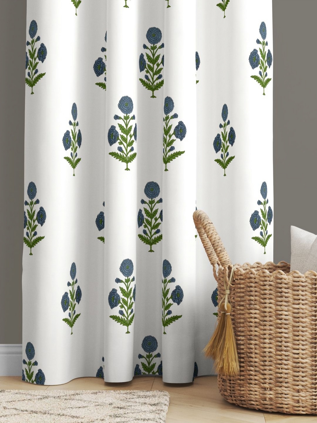 

BED-SHEET.COM White & Blue Floral Printed Cotton Window Curtain