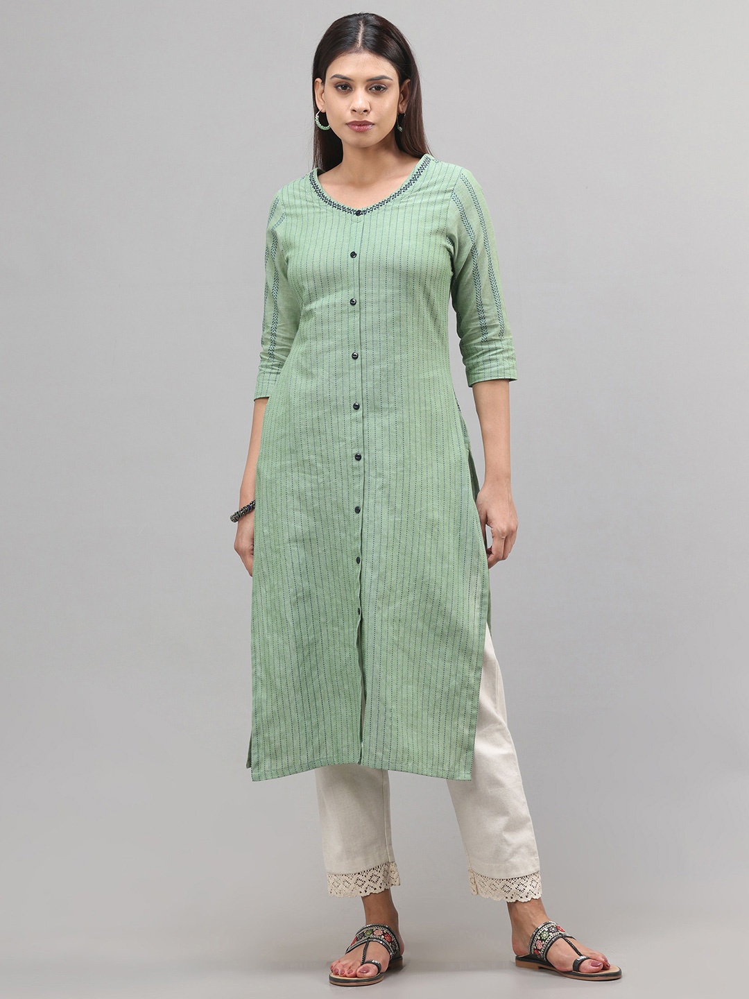 

Vismay Striped V-Neck Three-Quarter Sleeves Thread Work Pure Cotton Straight Kurta, Green