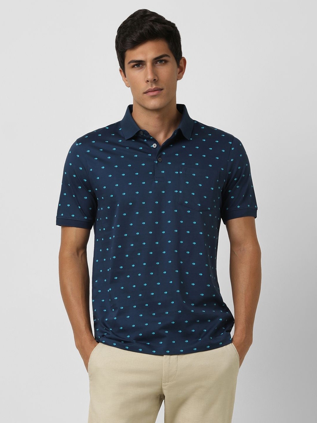 

Van Heusen Men Conversational Printed Polo Collar Cotton T-shirt, Navy blue
