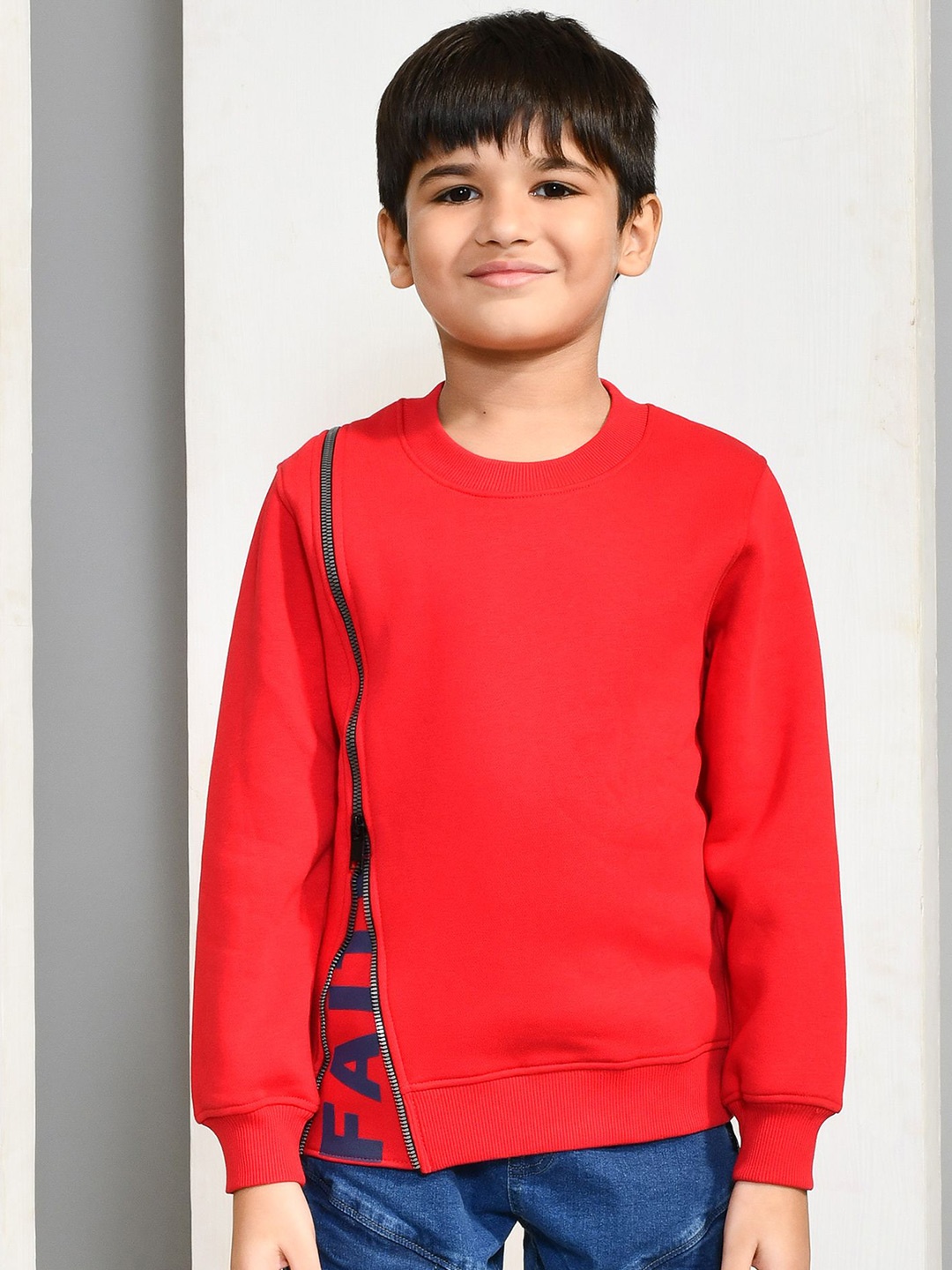 

YOUMAA Boys Printed Full Sleeves Zipper Look Sweatshirt, Red