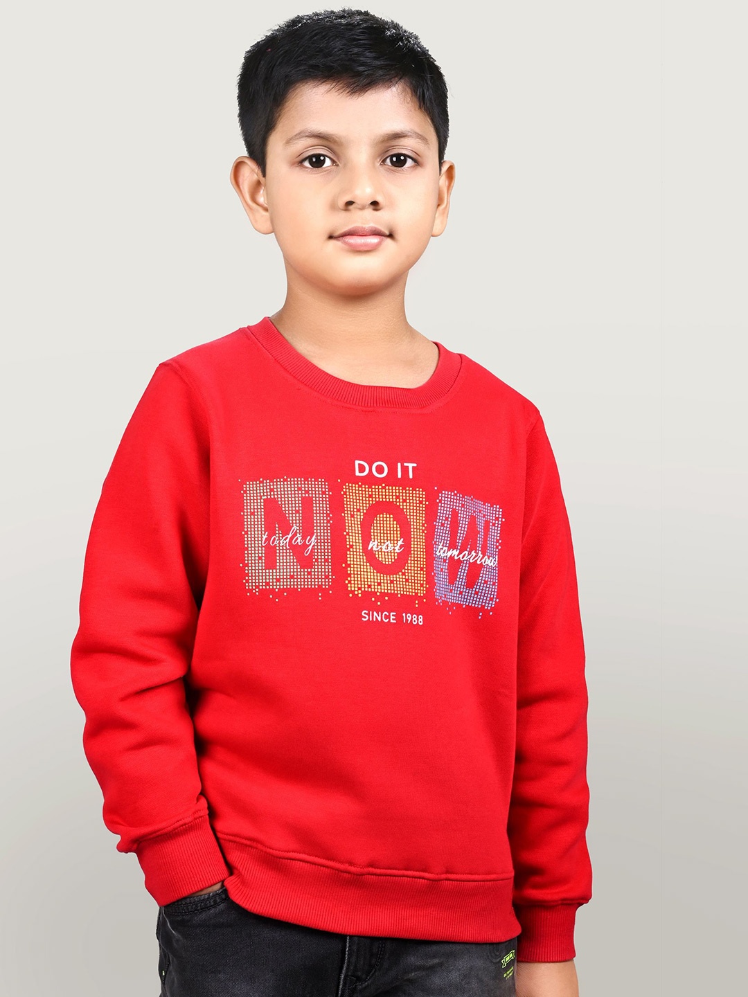 

YOUMAA Boys Typography Printed Pullover Sweatshirt, Red