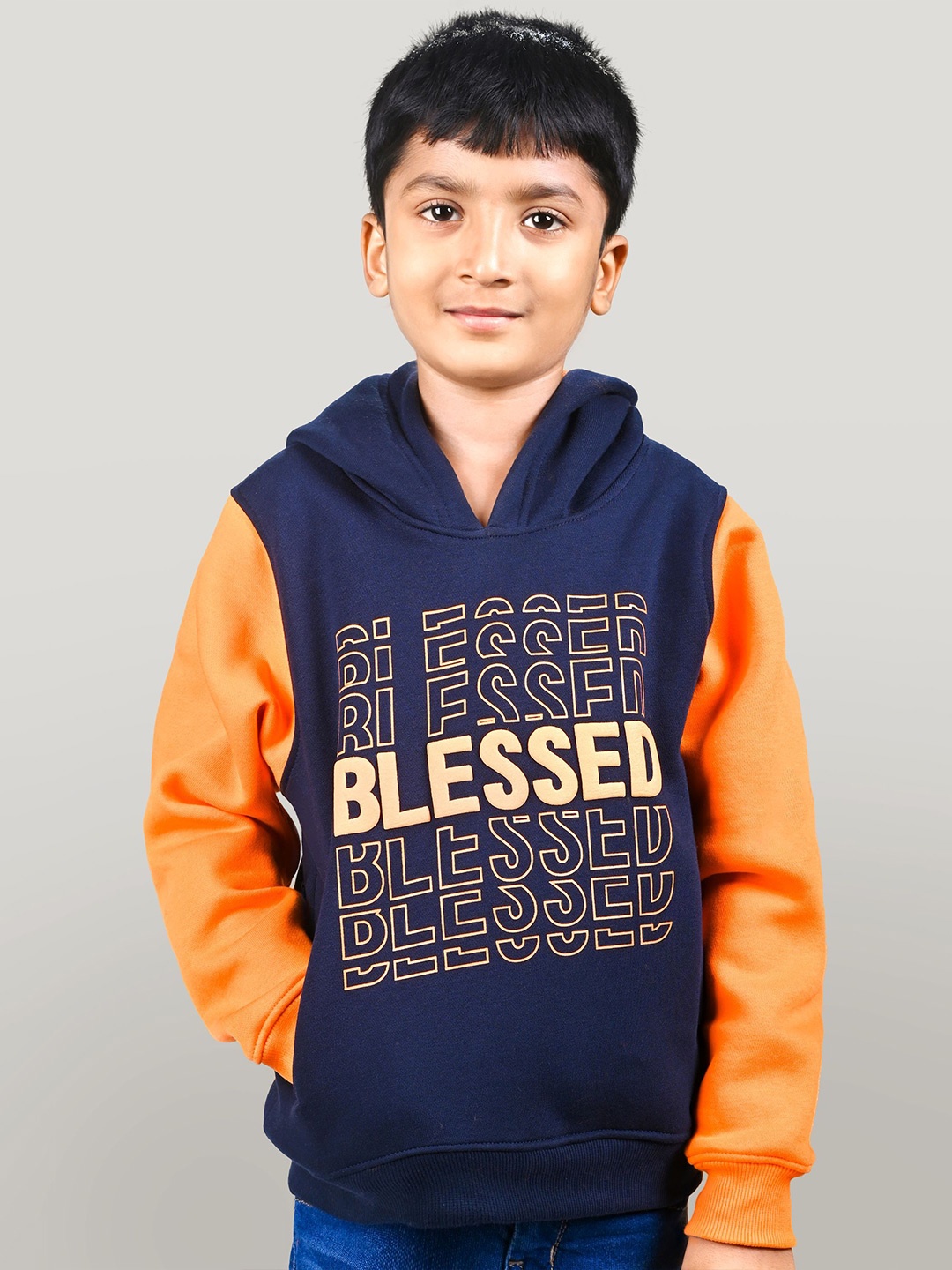 

YOUMAA Boys Typography Printed Hooded Pullover Sweatshirt, Navy blue