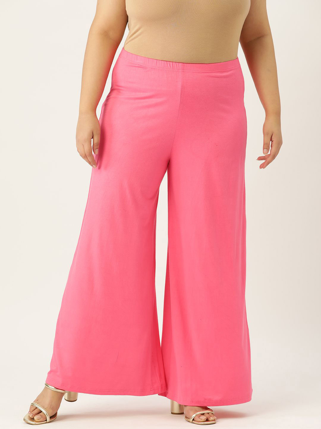 

theRebelinme Women Plus Size Wide Leg Knitted Palazzos, Pink