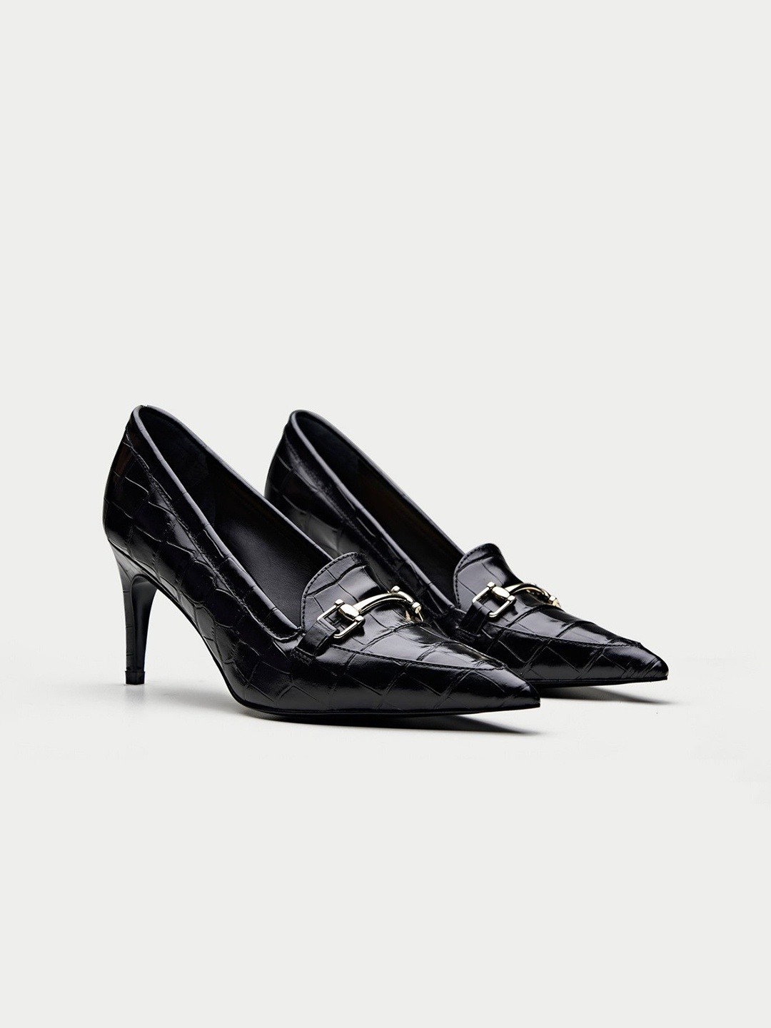 

Oroh Women Leather Stiletto Textured Pumps with Buckles, Black