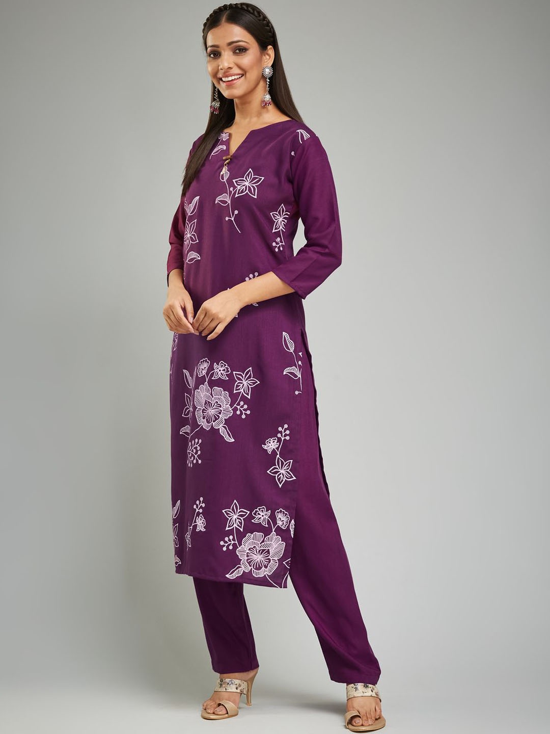 

KALINI Floral Printed Straight Kurta with Trousers & Dupatta, Purple