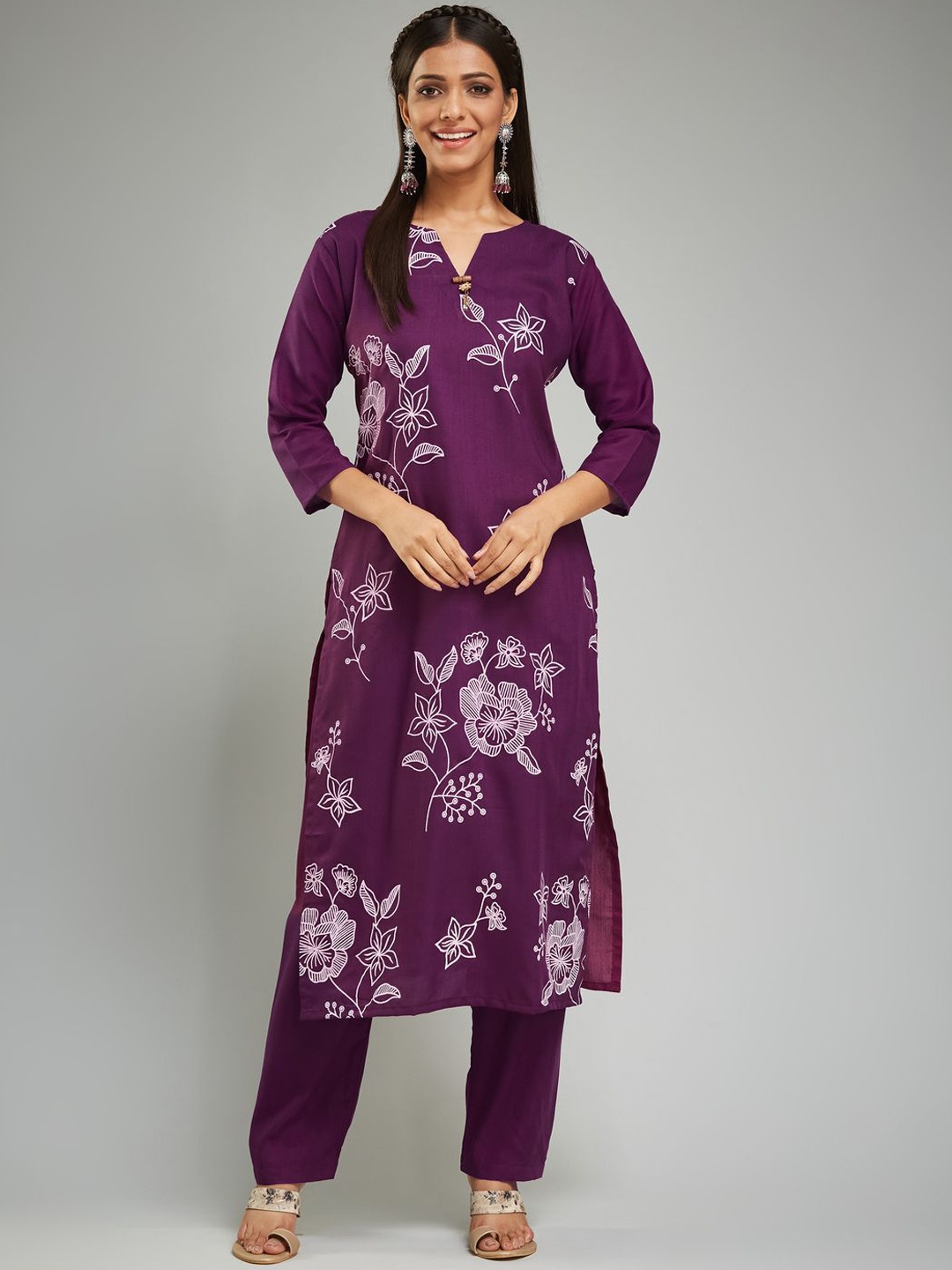 

KALINI Floral Printed Kurta With Trousers & Dupatta, Purple