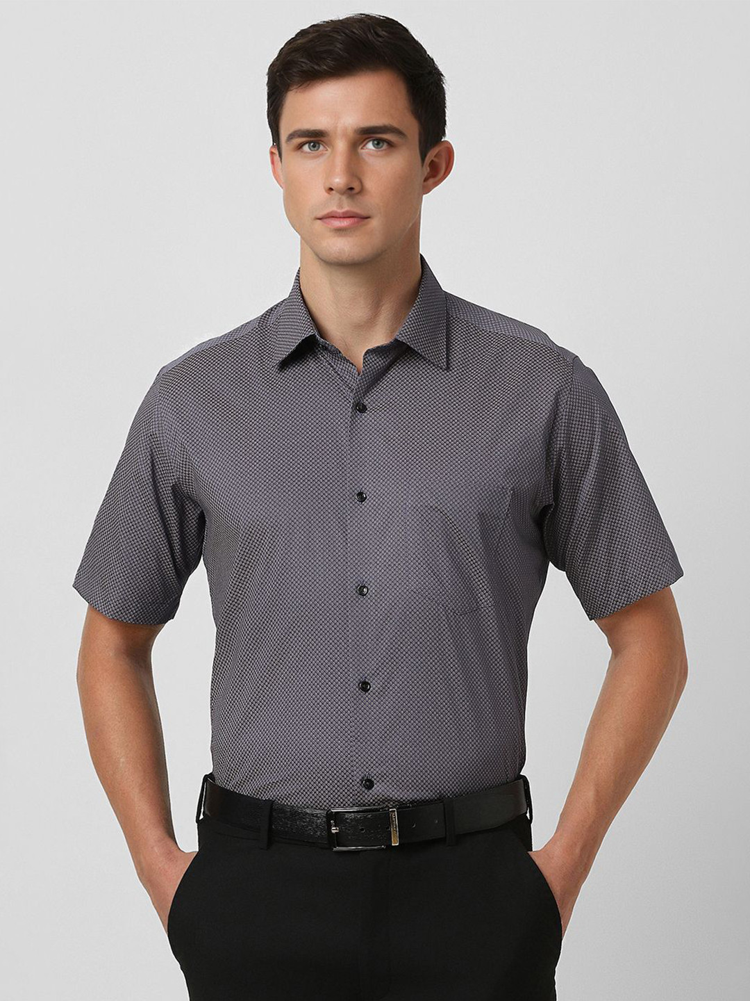

Van Heusen Men Spread Collar Geometric Printed Cotton Slim Fit Formal Shirt, Grey