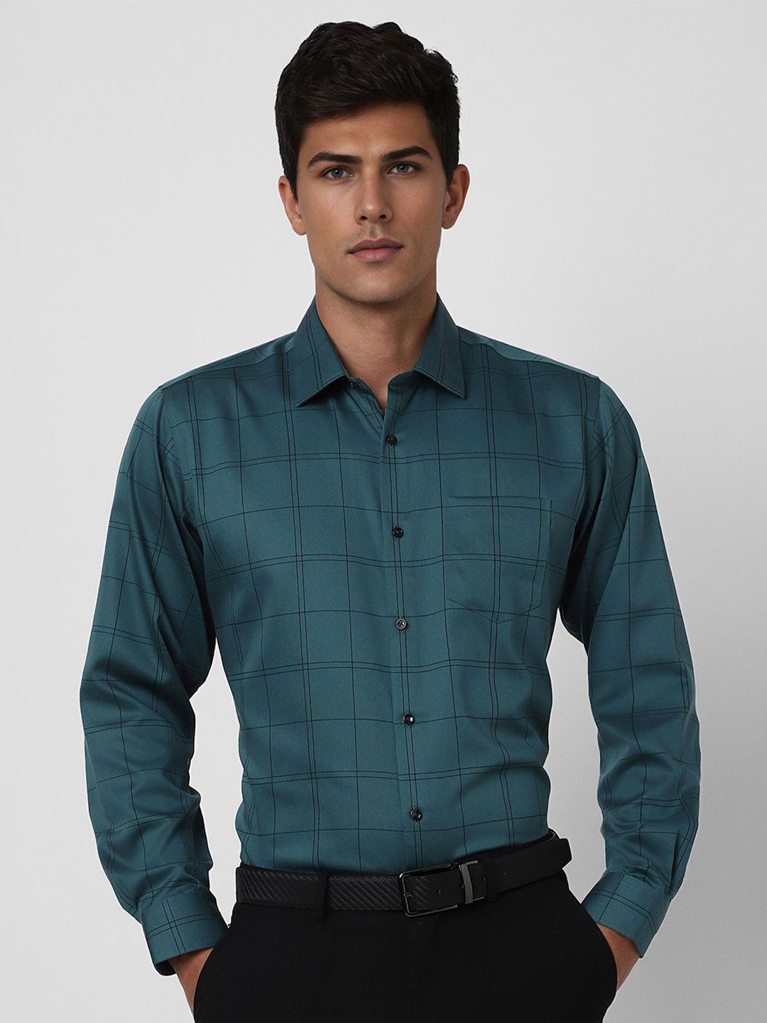 

Van Heusen Men Spread Collar Checked Cotton Formal Shirt, Teal