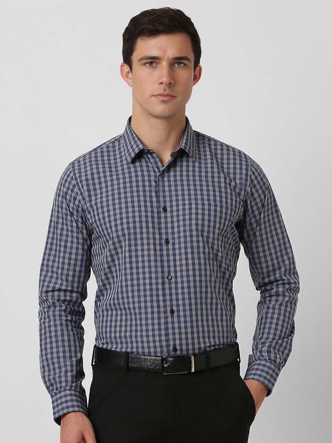 

Van Heusen Men Speread Collar Micro Checked Cotton Slim Fit Formal Shirt, Navy blue