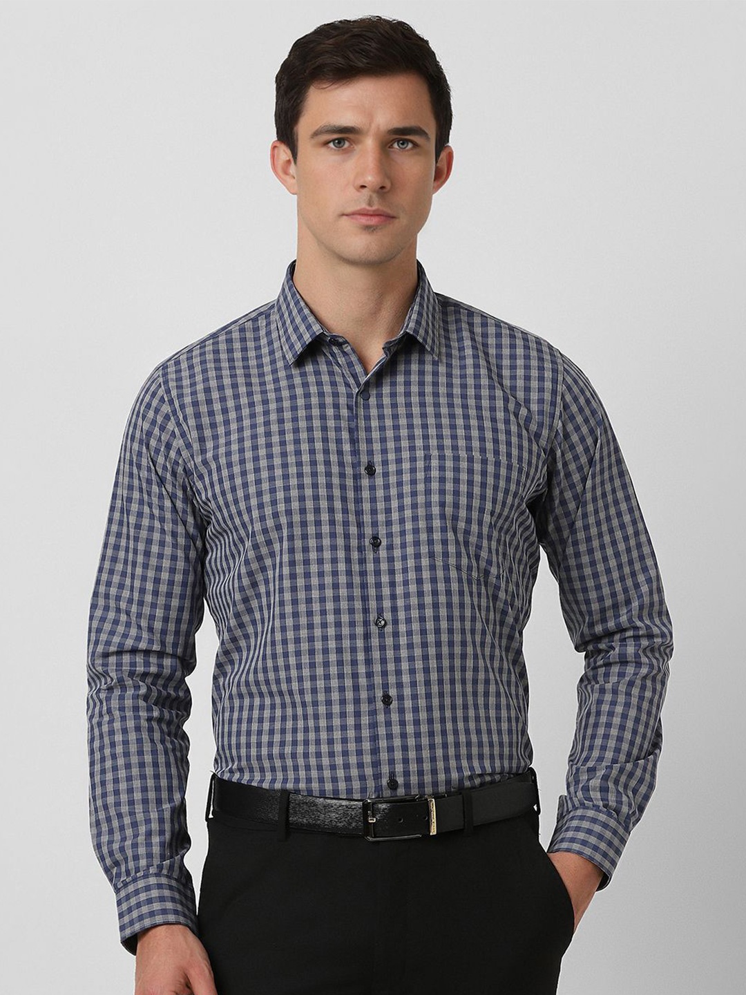 

Van Heusen Men Speread Collar Micro Checked Cotton Slim Fit Formal Shirt, Navy blue