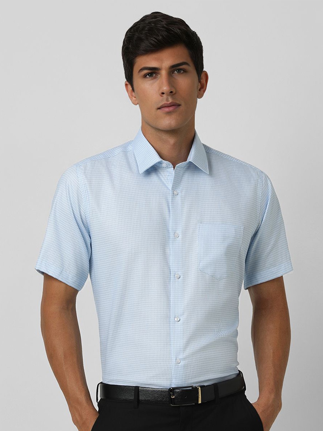 

Van Heusen Men Spread Collar Geometric Printed Cotton Slim Fit Formal Shirt, Blue