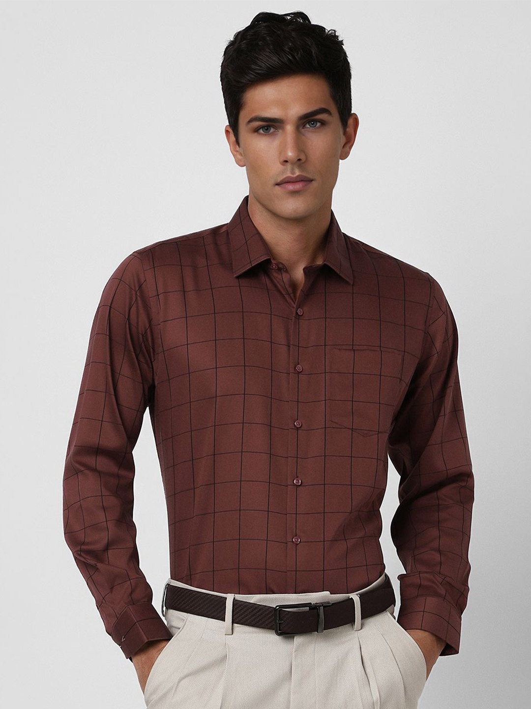 

Van Heusen Men Spread Collar Checked Cotton Slim Fit Formal Shirt, Brown