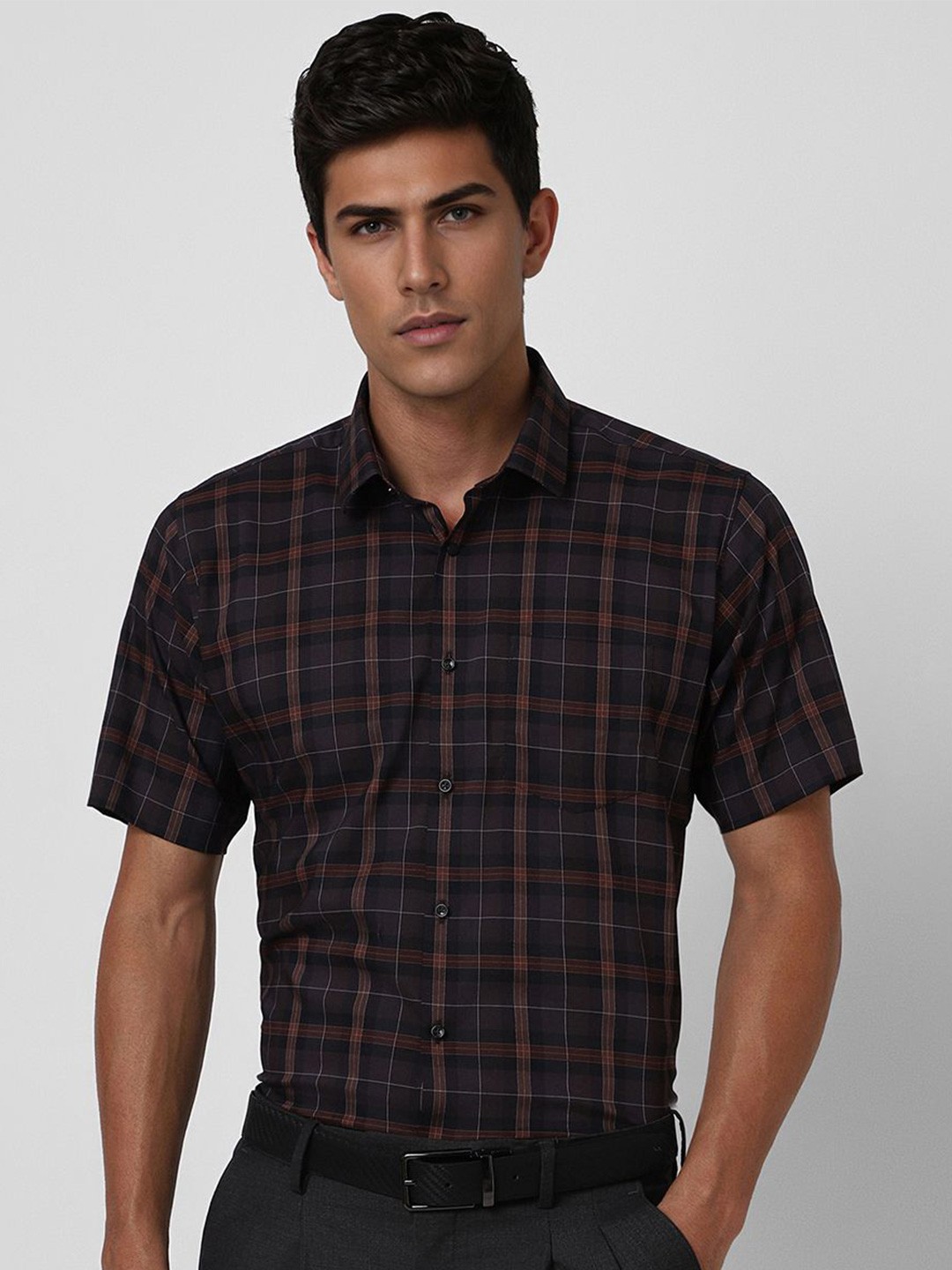

Van Heusen Men Spread Collar Tartan Checked Cotton Slim Fit Formal Shirt, Grey