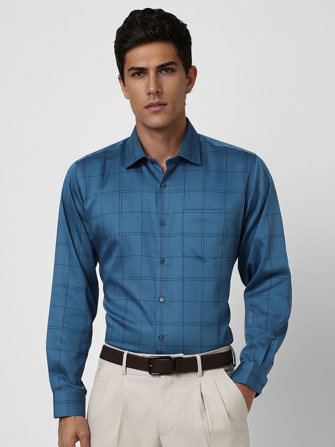 

Van Heusen Men Spread Collar Checked Cotton Slim Fit Formal Shirt, Blue