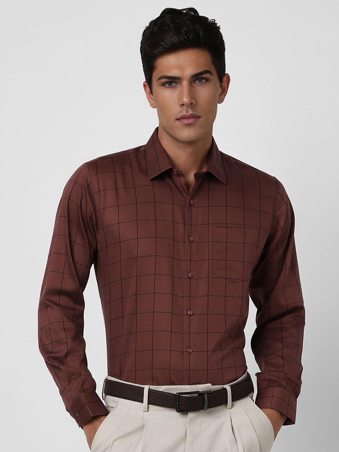 

Van Heusen Men Spread Collar Checked Cotton Slim Fit Formal Shirt, Brown