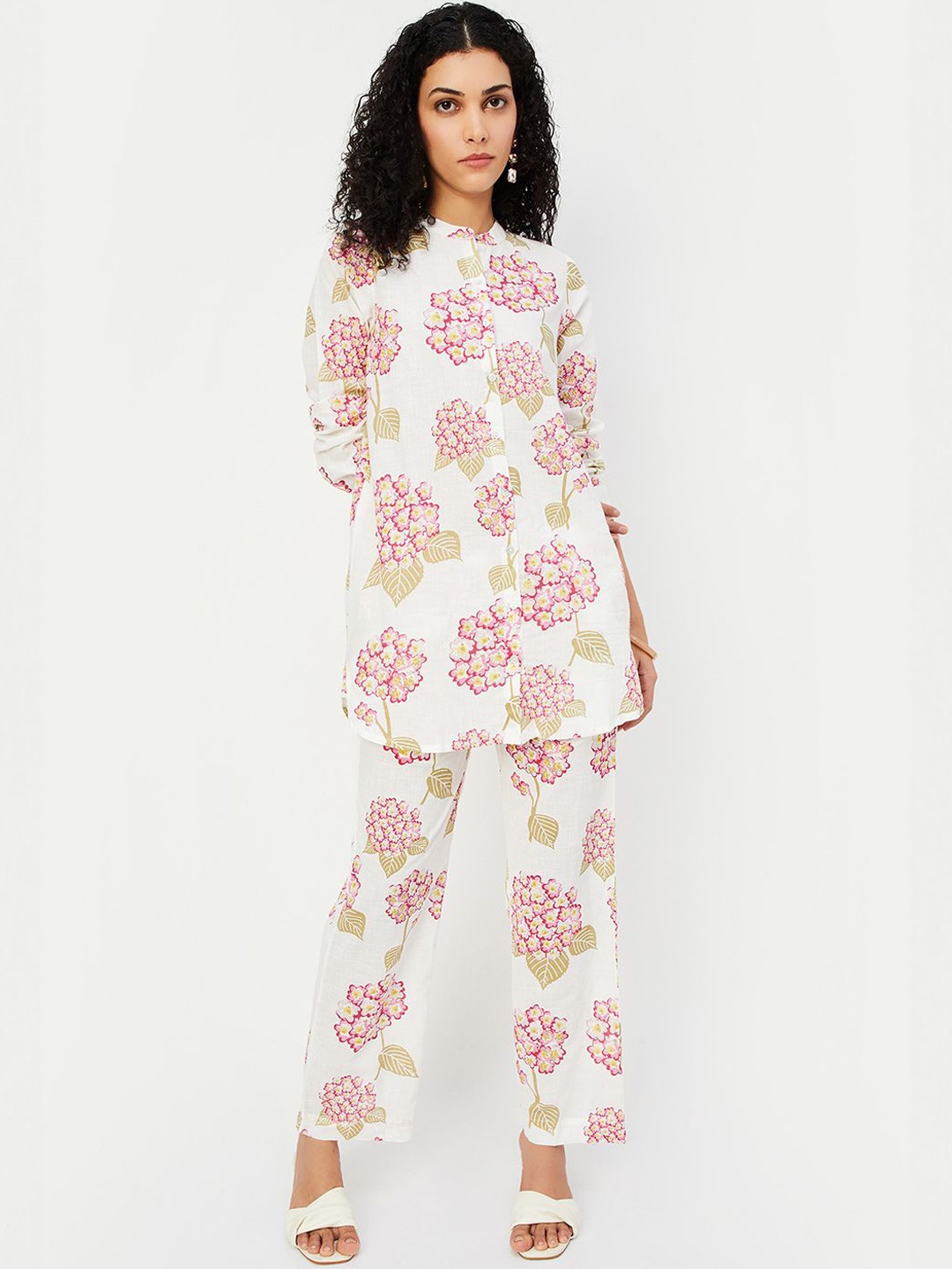 

max Mandarin Collar Printed Top With Trouser, White
