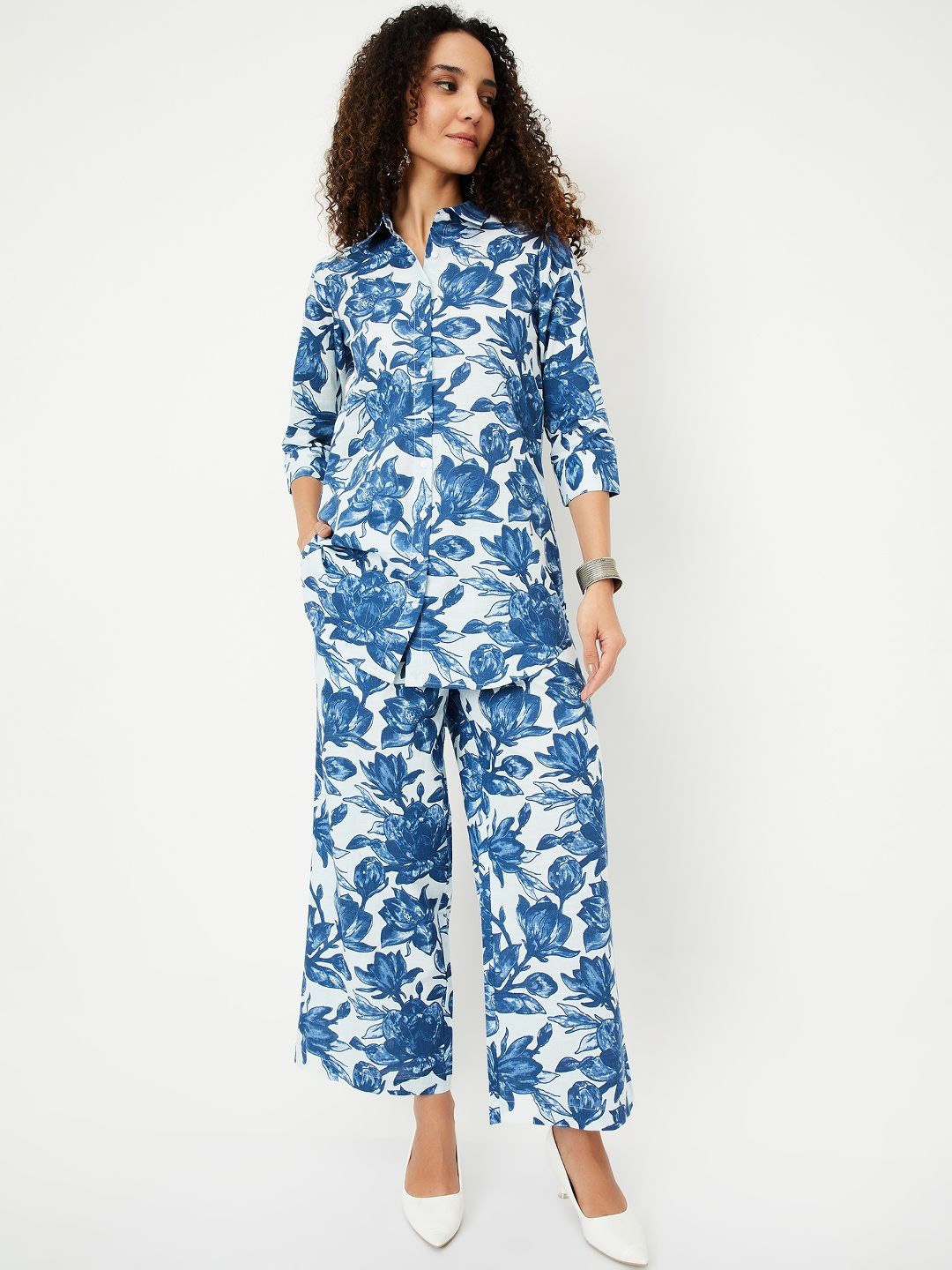 

max Floral Printed Shirt Collar Neck Shirt With Trousers Co-Ords, Blue