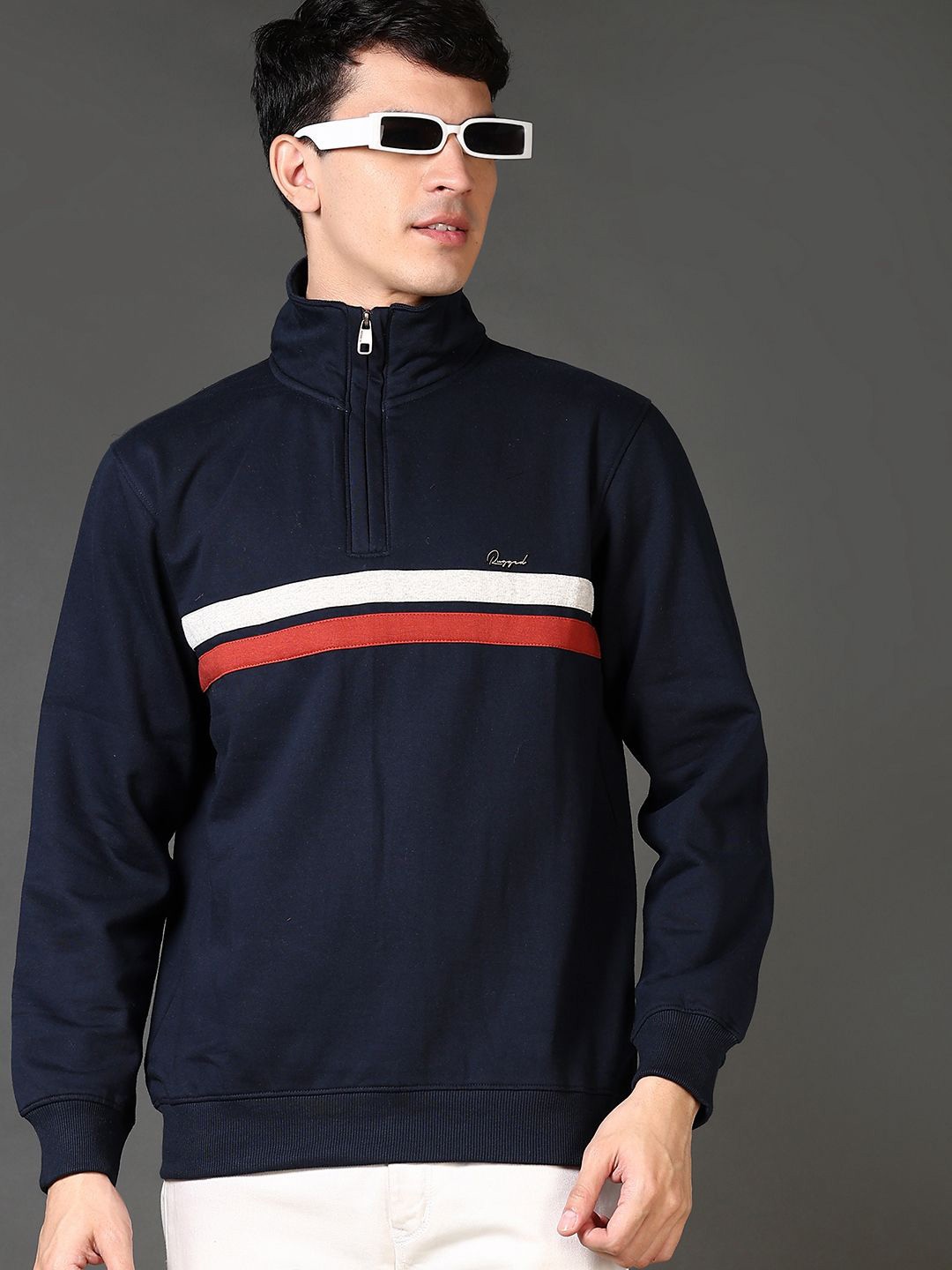 

V-Mart Men Striped Half Zipper Cotton Sweatshirt, Navy blue