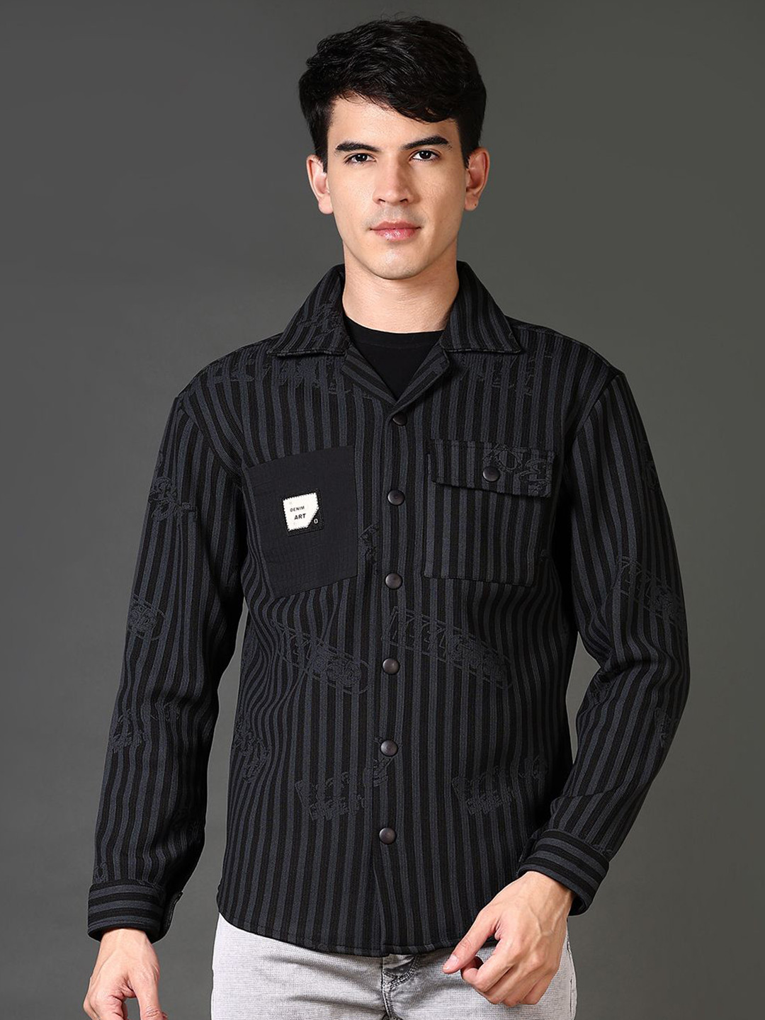 

V-Mart Men Striped Cotton Shacket, Black