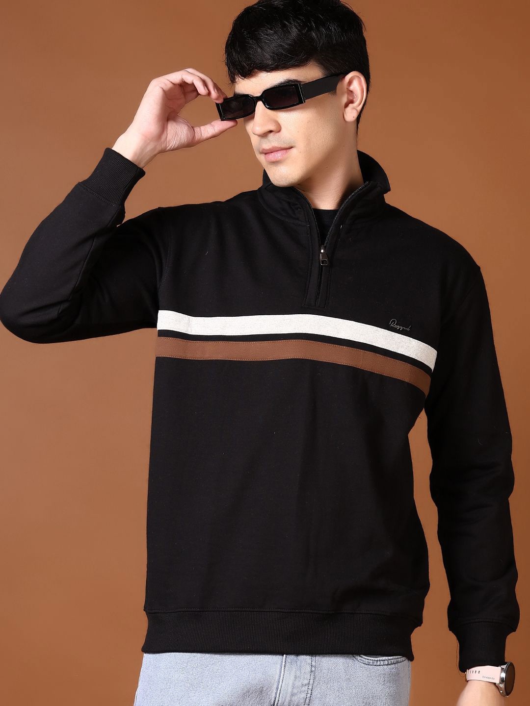 

V-Mart Men Striped Mock Collar Pullover Sweatshirt, Black