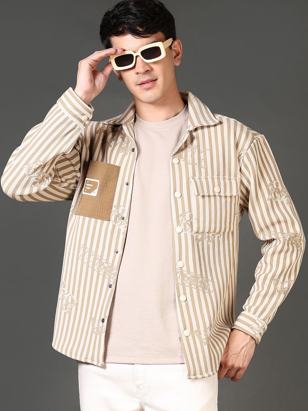 

V-Mart Men Vertical Stripes Striped Cotton Regular Fit Shackets, Brown