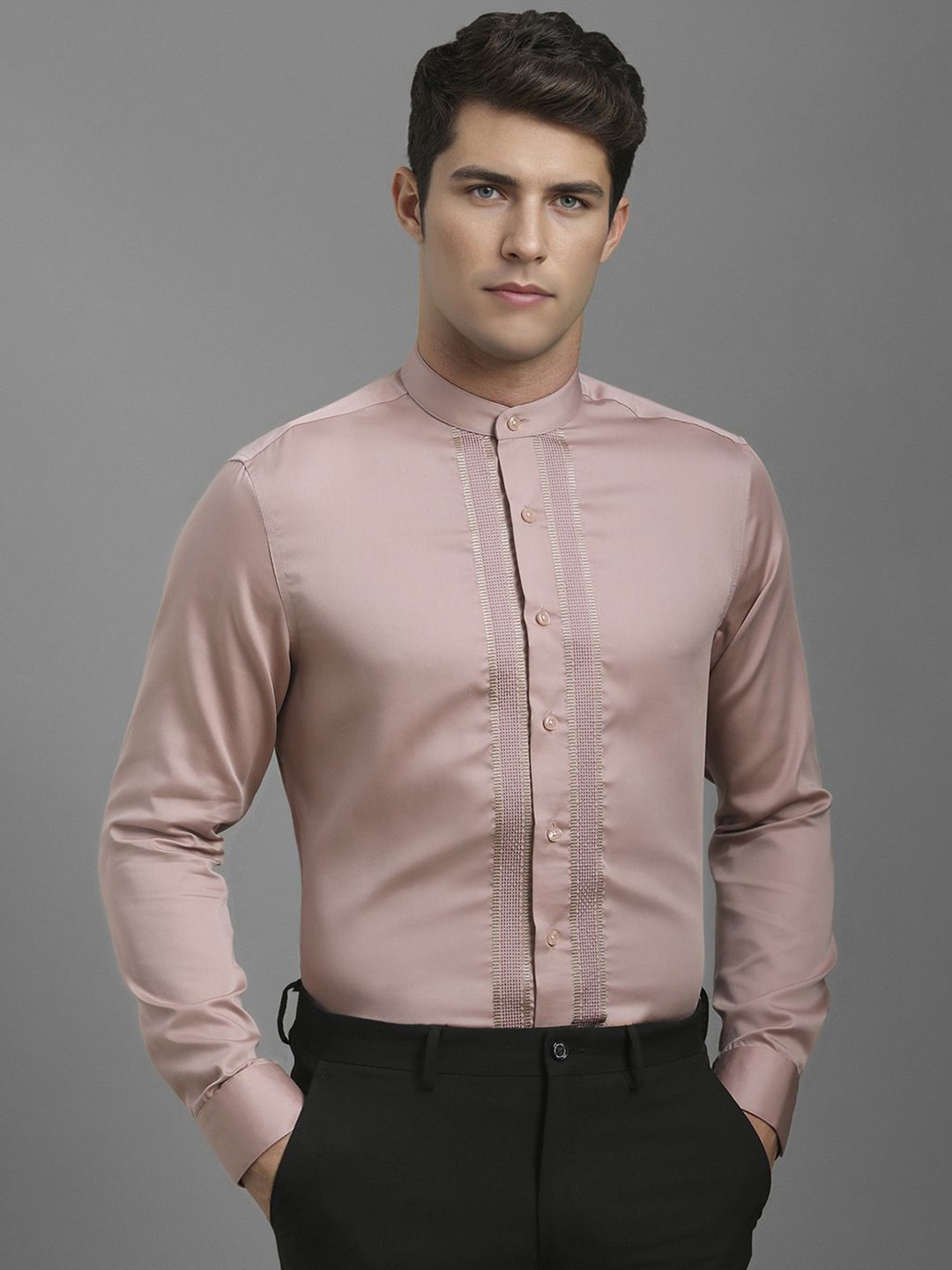 

Louis Philippe Men Band Collar Textured Cotton Formal Shirt, Peach