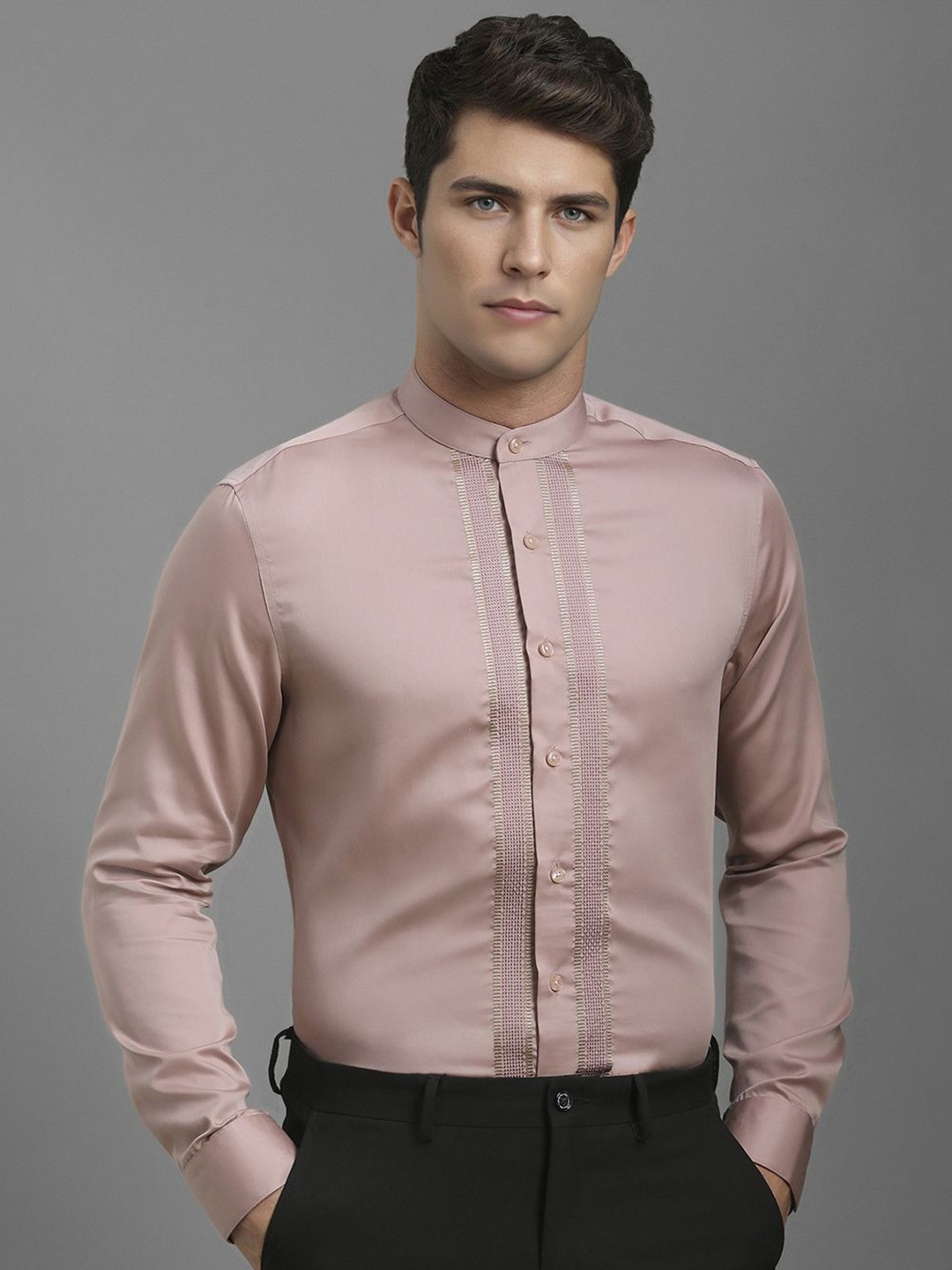 

Louis Philippe Men Band Collar Textured Cotton Formal Shirt, Peach