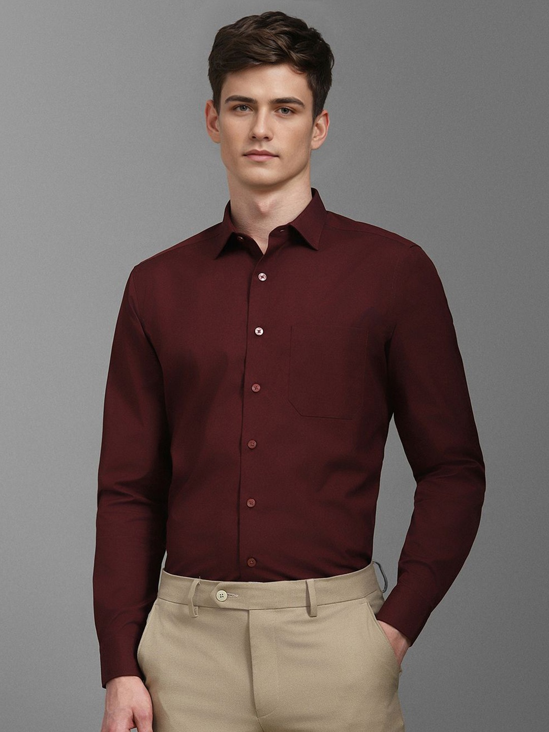 

Louis Philippe Men Spread Collar Solid Cotton Formal Shirt, Maroon