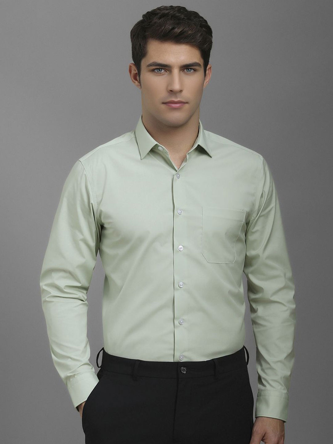 

Louis Philippe Men Spread Collar Textured Cotton Formal Shirt, Green
