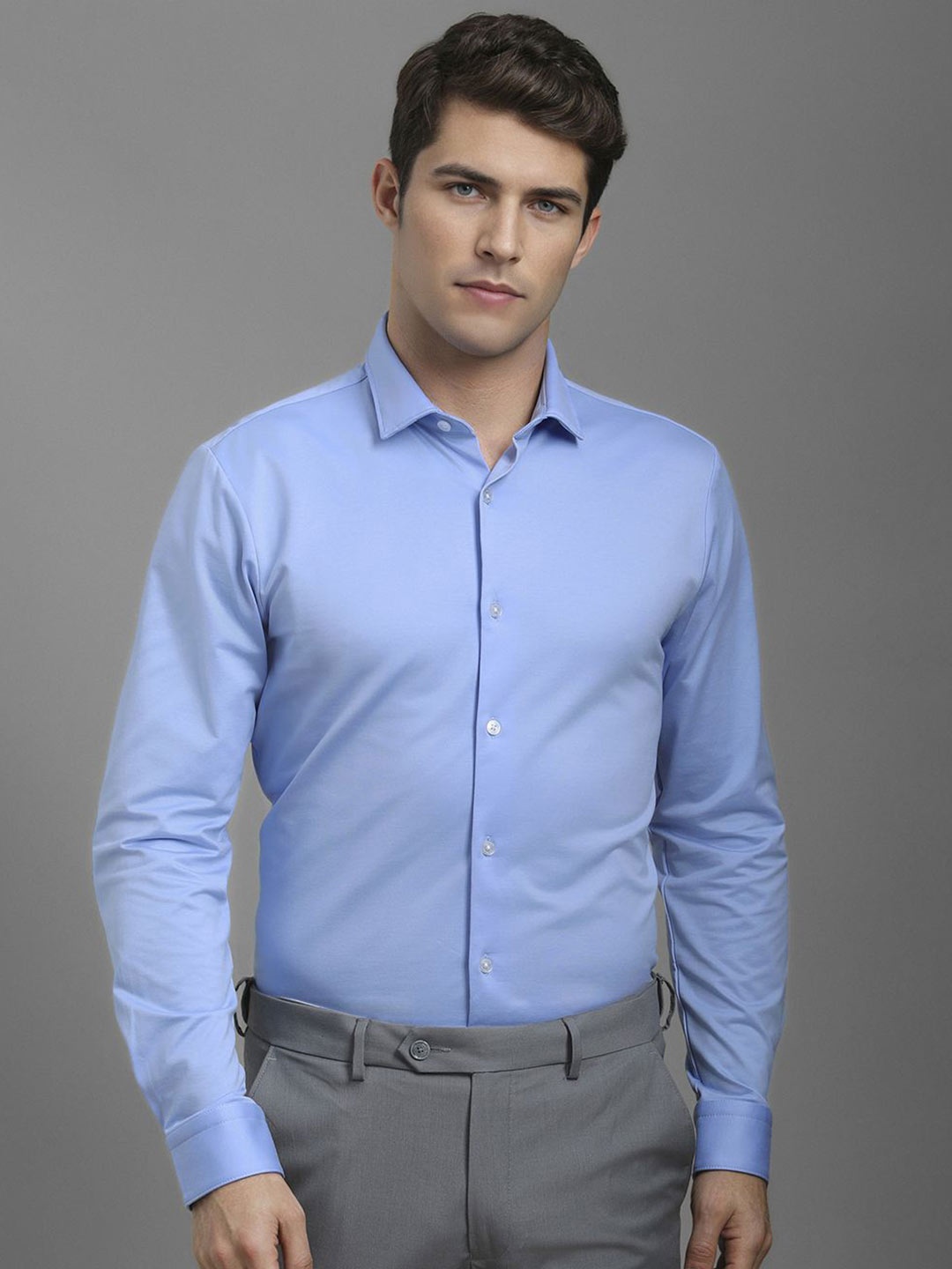 

Louis Philippe Men Spread Collar Solid Cotton Formal Shirt, Blue