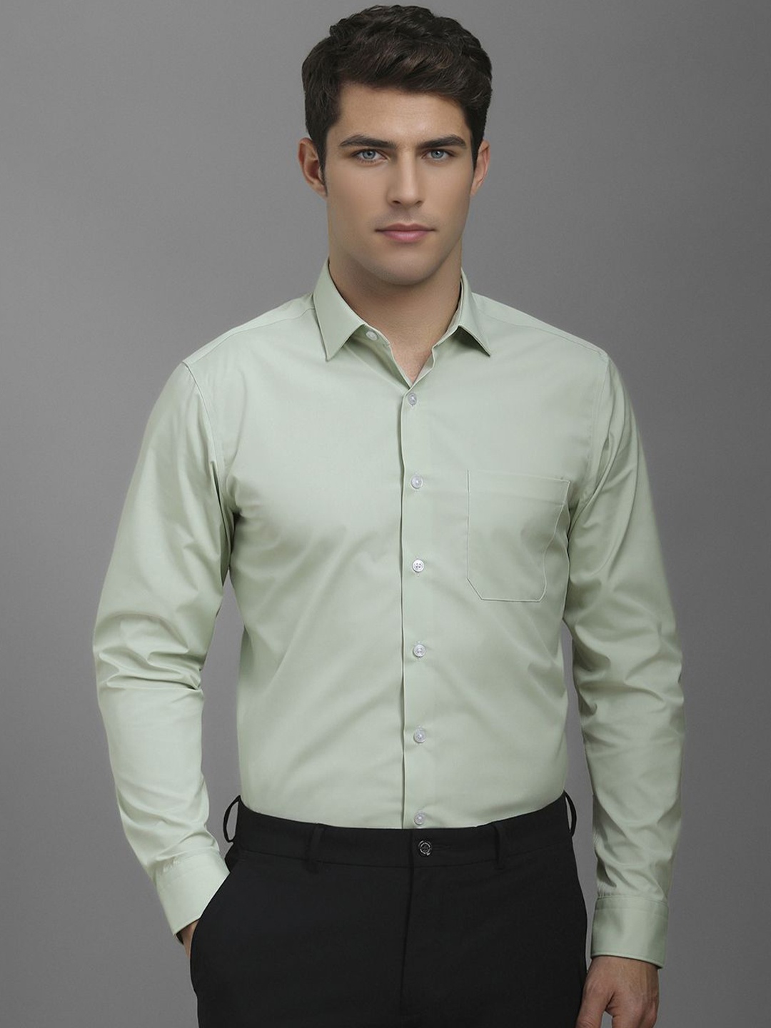 

Louis Philippe Men Spread Collar Solid Cotton Formal Shirt, Green