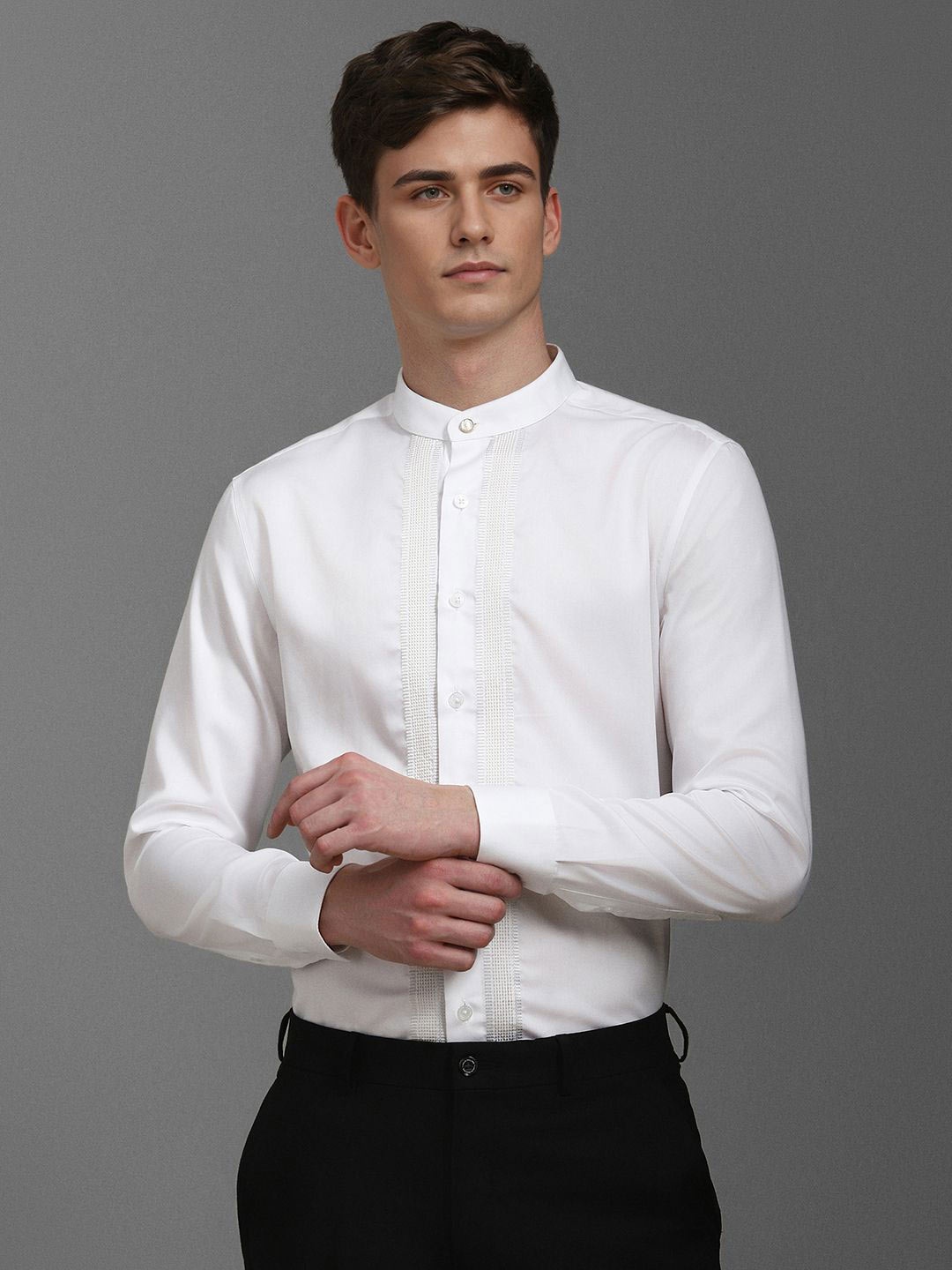 

Louis Philippe Men Band Collar Textured Cotton Formal Shirt, White
