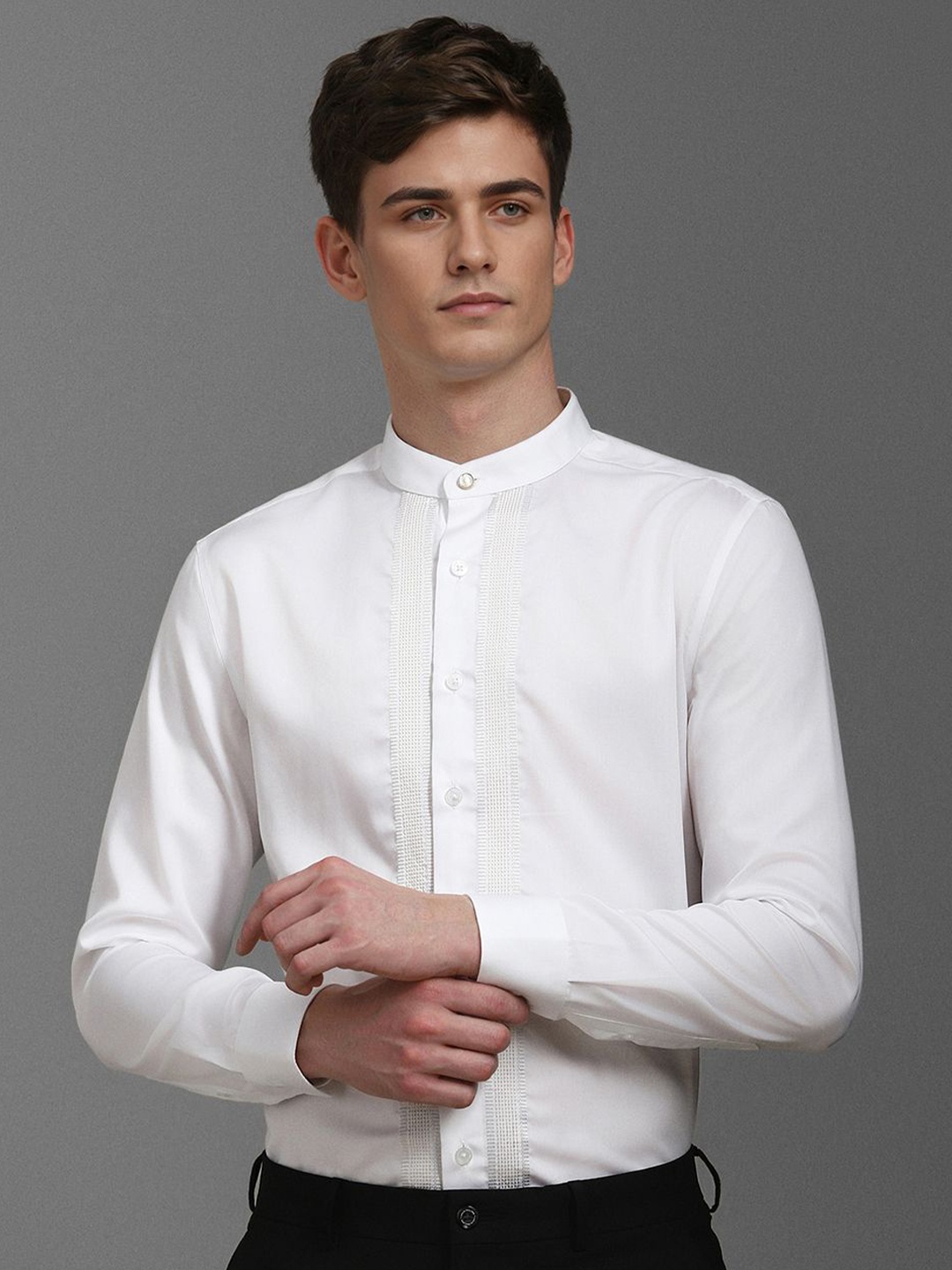 

Louis Philippe Men Band Collar Solid Cotton Formal Shirt, White
