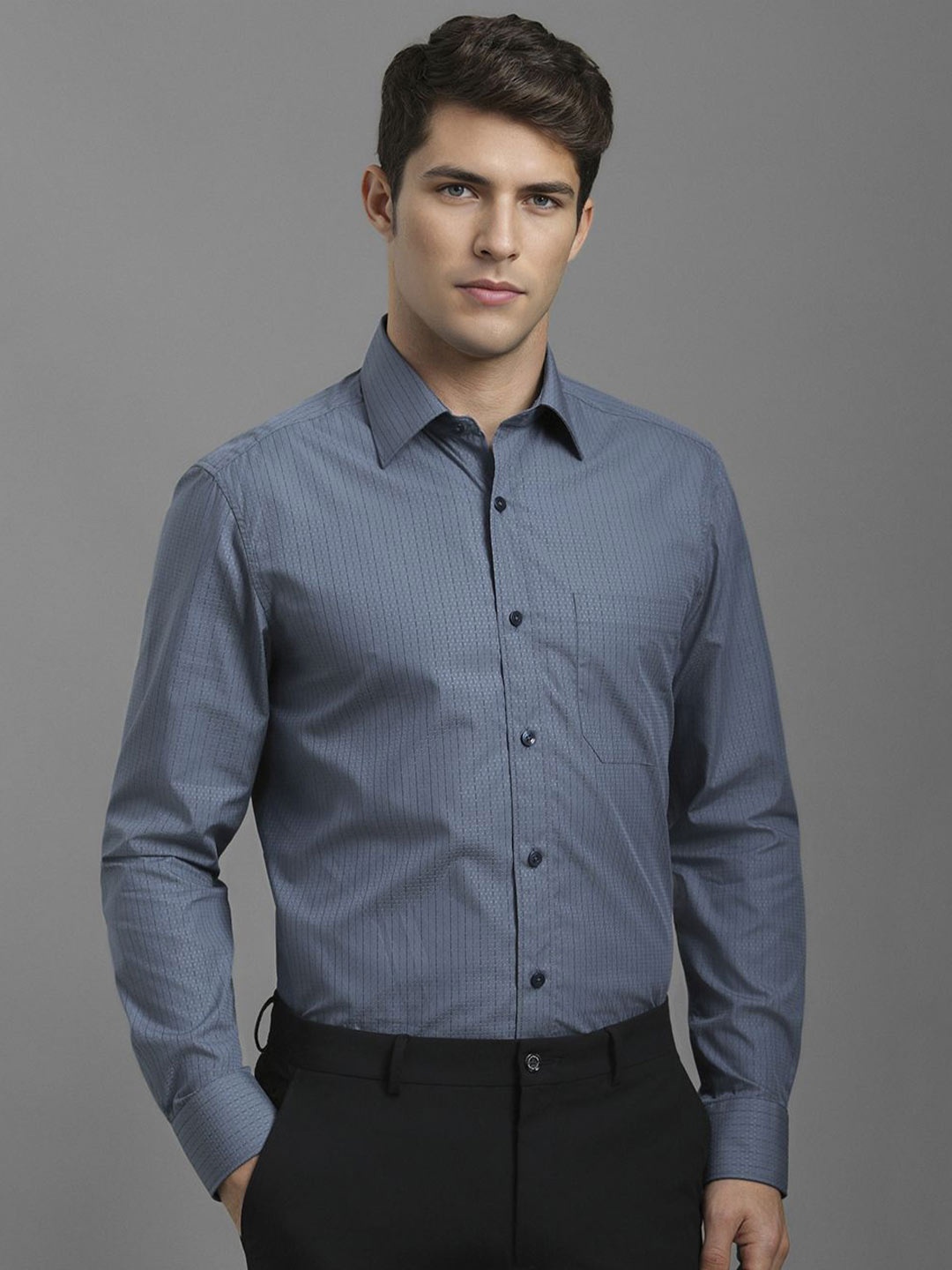 

Louis Philippe Men Classic Spread Collar Vertical Striped Cotton Formal Shirt, Teal