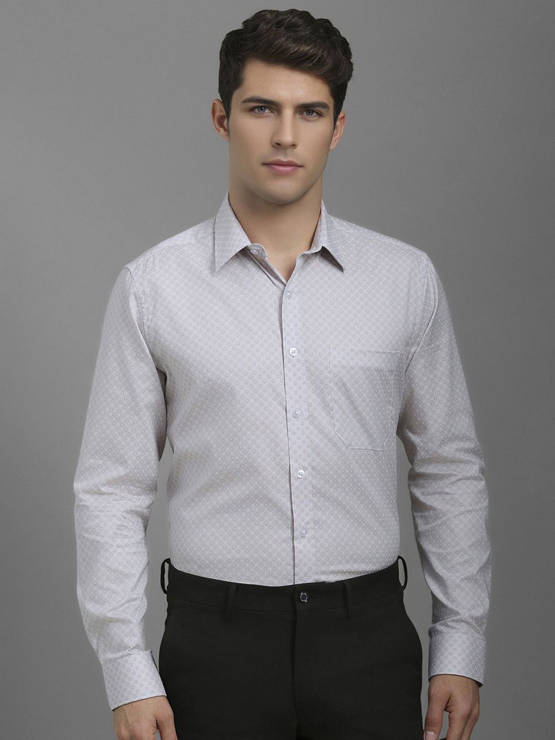 

Louis Philippe Men Spread Collar Geometric Printed Cotton Formal Shirt, Grey