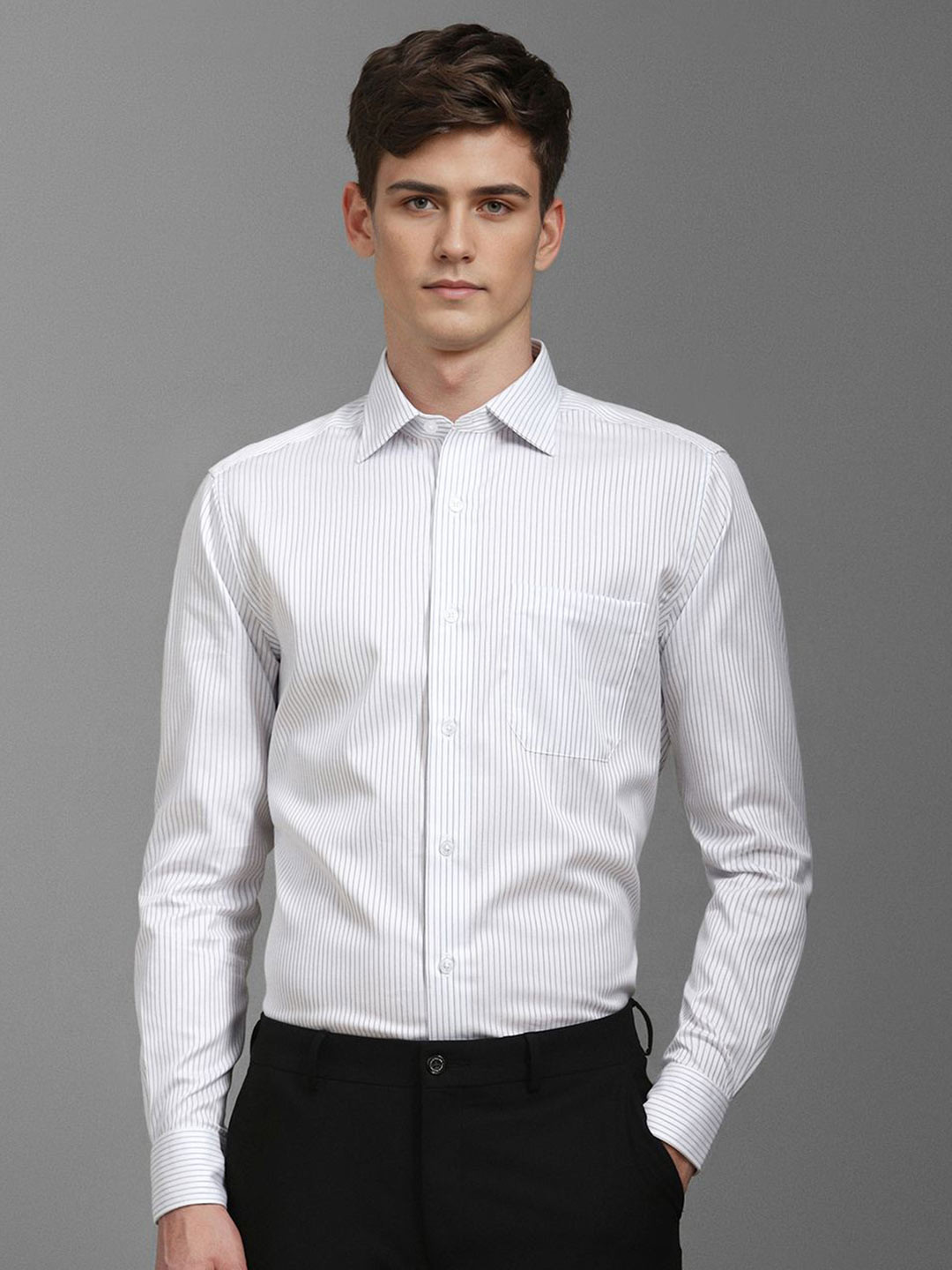 

Louis Philippe Men Classic Spread Collar Vertical Striped Cotton Formal Shirt, White