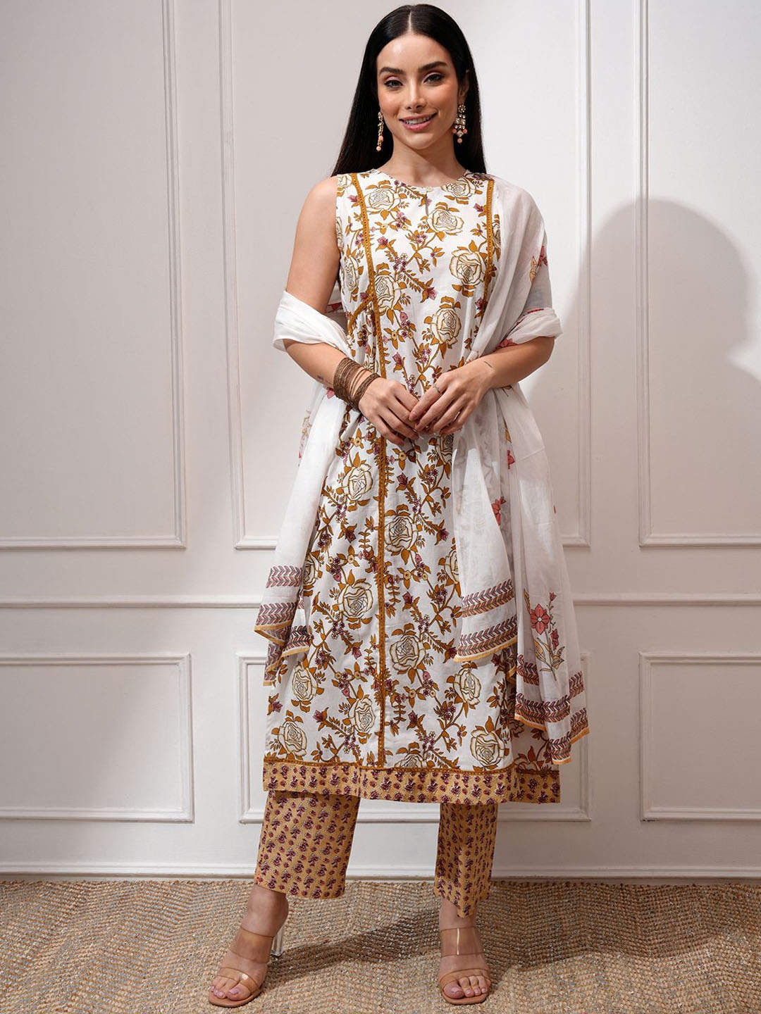 

Vishudh Floral Printed Keyhole Neck Sleeveless A-Line Kurta with Trousers & With Dupatta, White