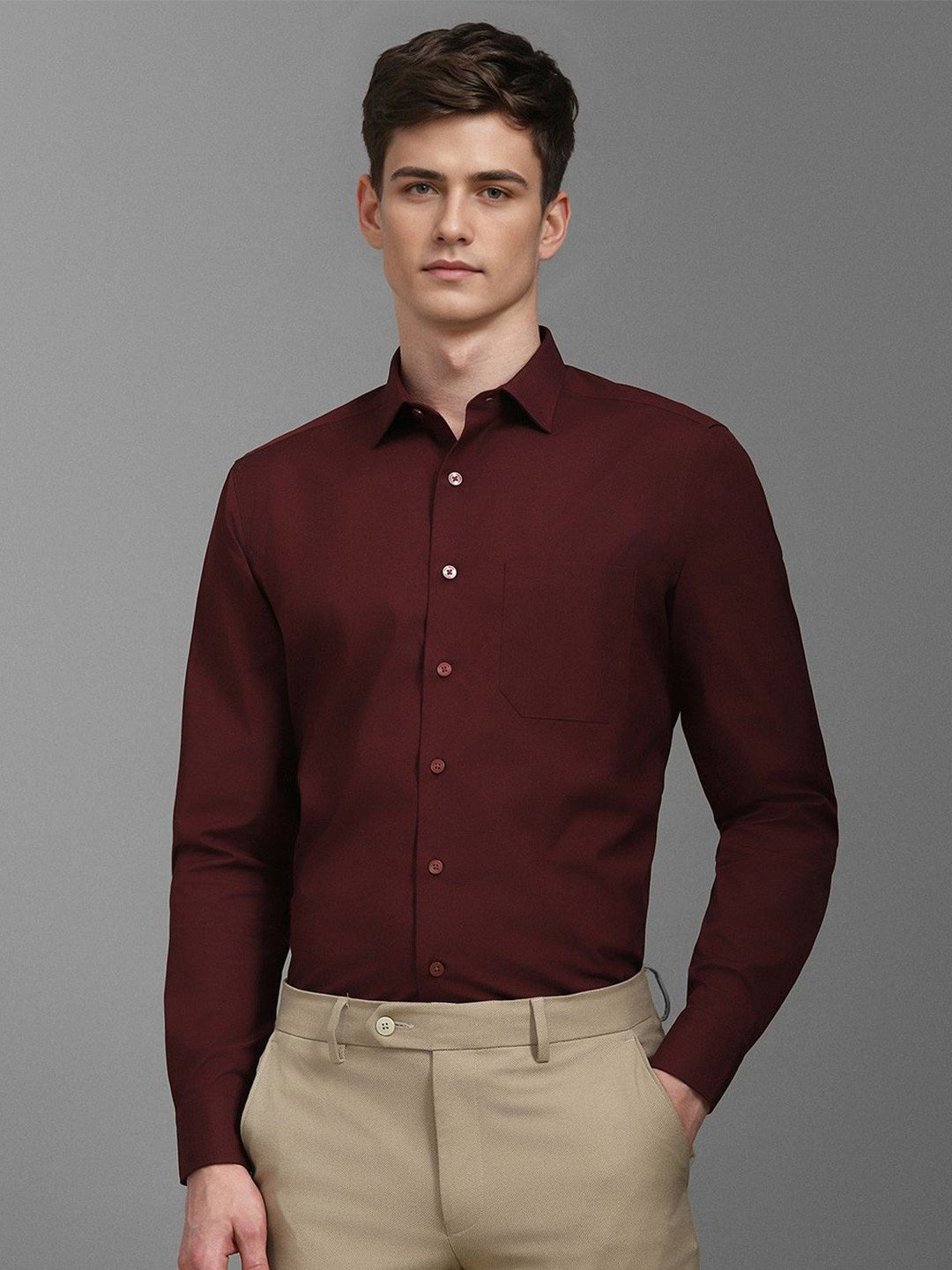 

Louis Philippe Men Spread Collar Solid Cotton Slim Fit Formal Shirt, Maroon