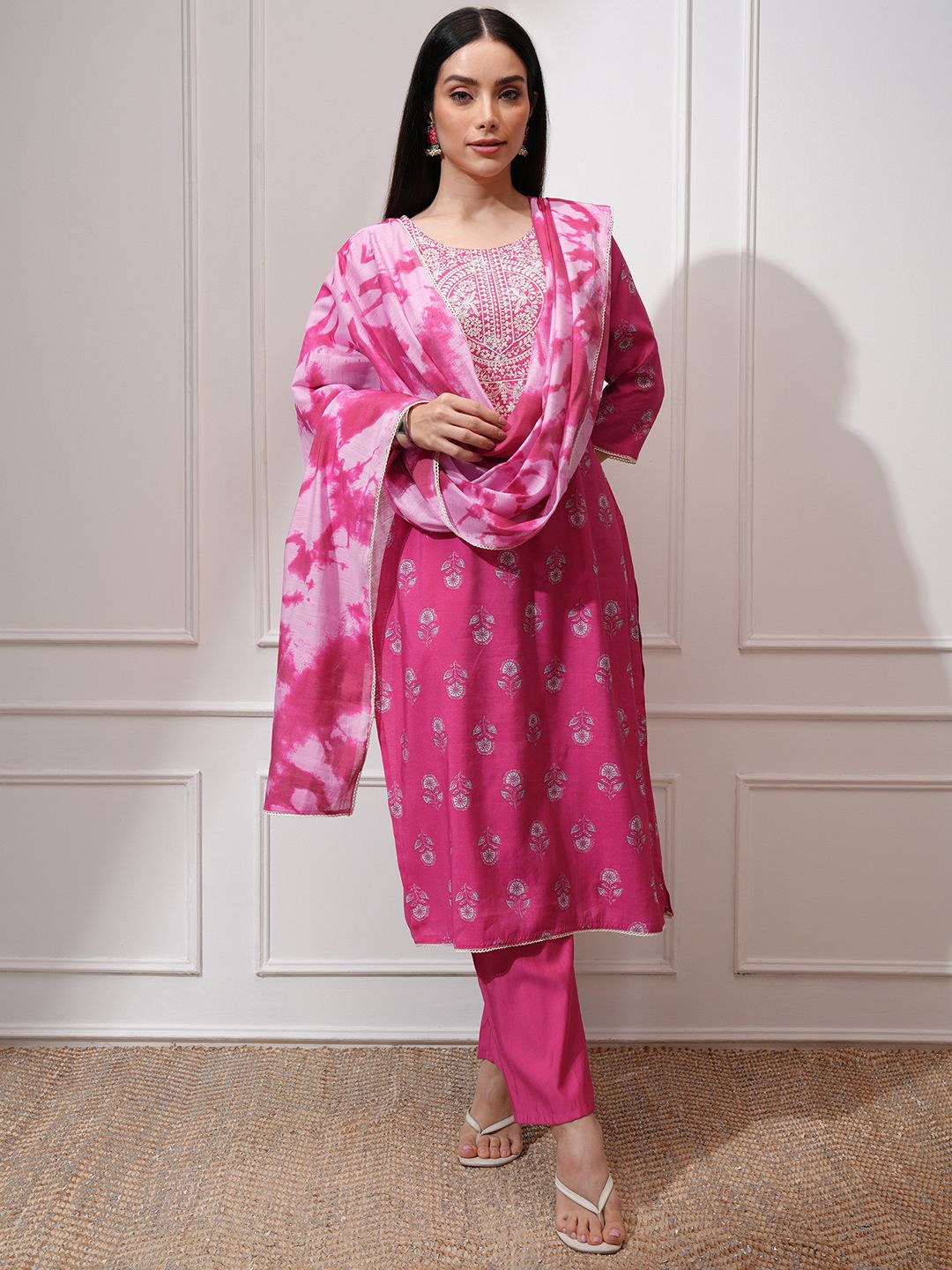 

Vishudh Floral Printed Thread Work Straight Kurta with Trousers & Dupatta, Pink