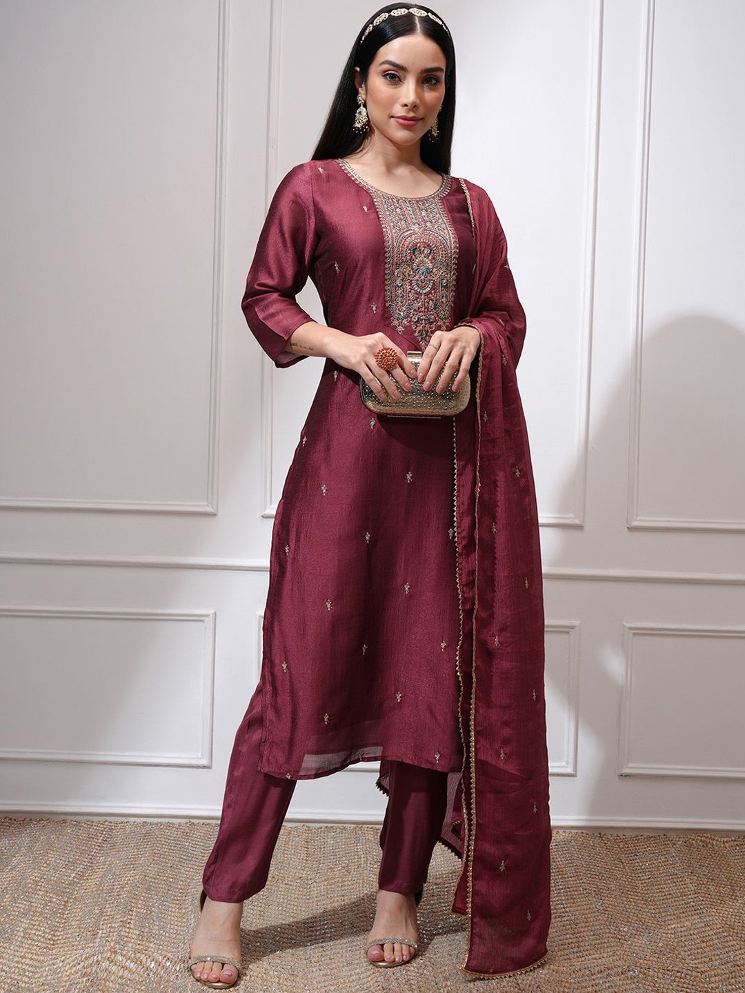 

Vishudh Ethnic Motifs Embroidered Thread Work Straight Kurta with Trousers & Dupatta, Maroon