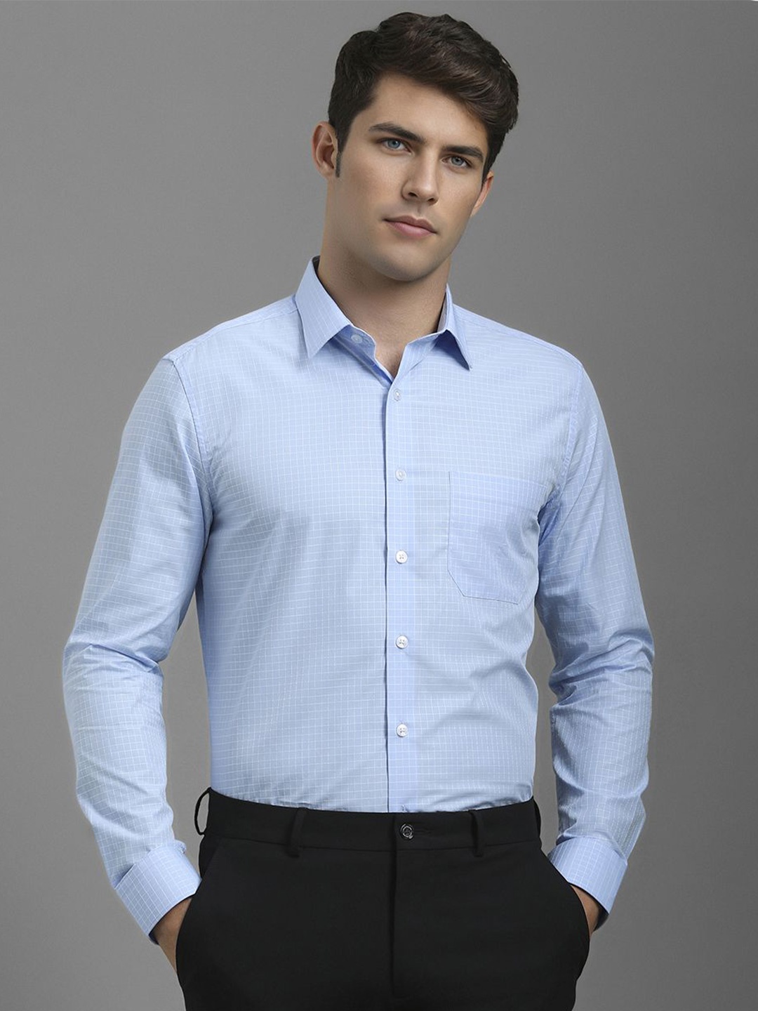 

Louis Philippe Men Spread Collar Micro Checked Cotton Slim Fit Formal Shirt, Blue