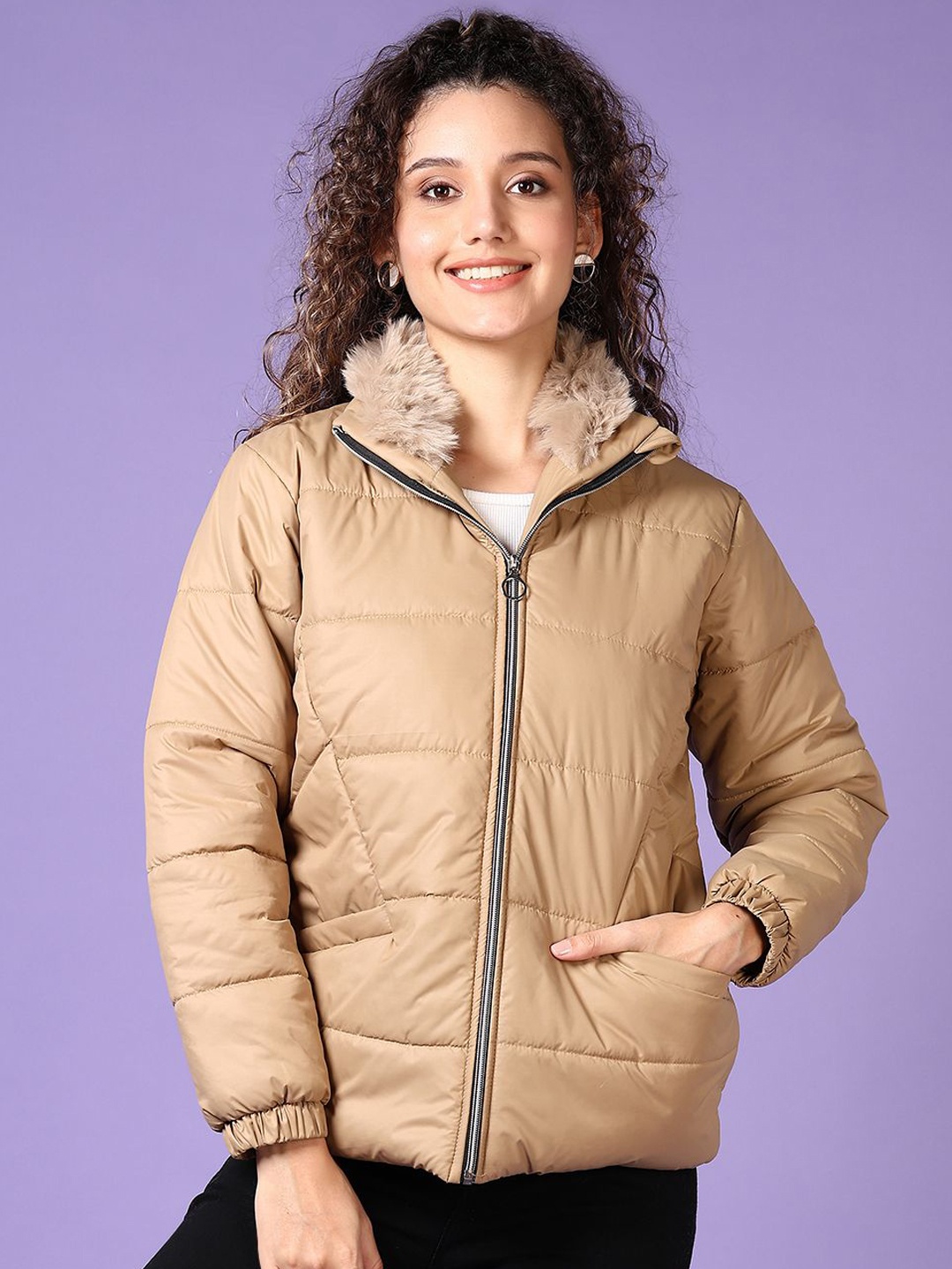 

V-Mart Women Mock Collar Solid Cotton Casual Parka Jacket, Beige