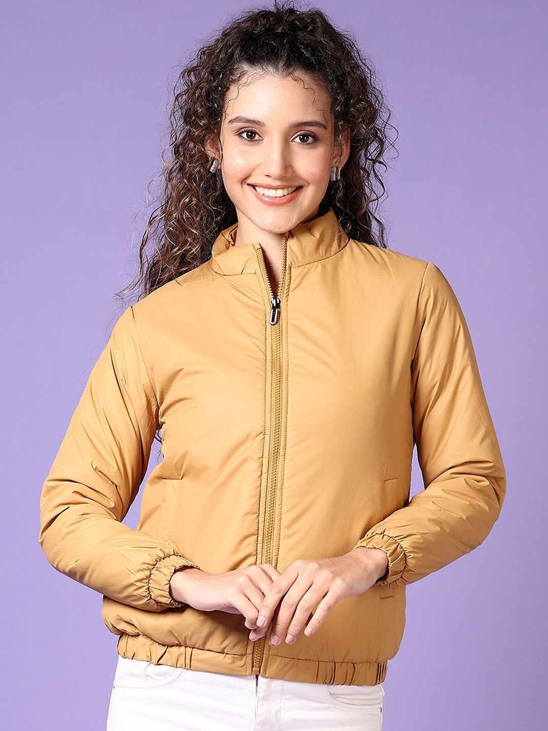 

V-Mart Women Mock Collar Solid Cotton Casual Padded Jacket, Mustard