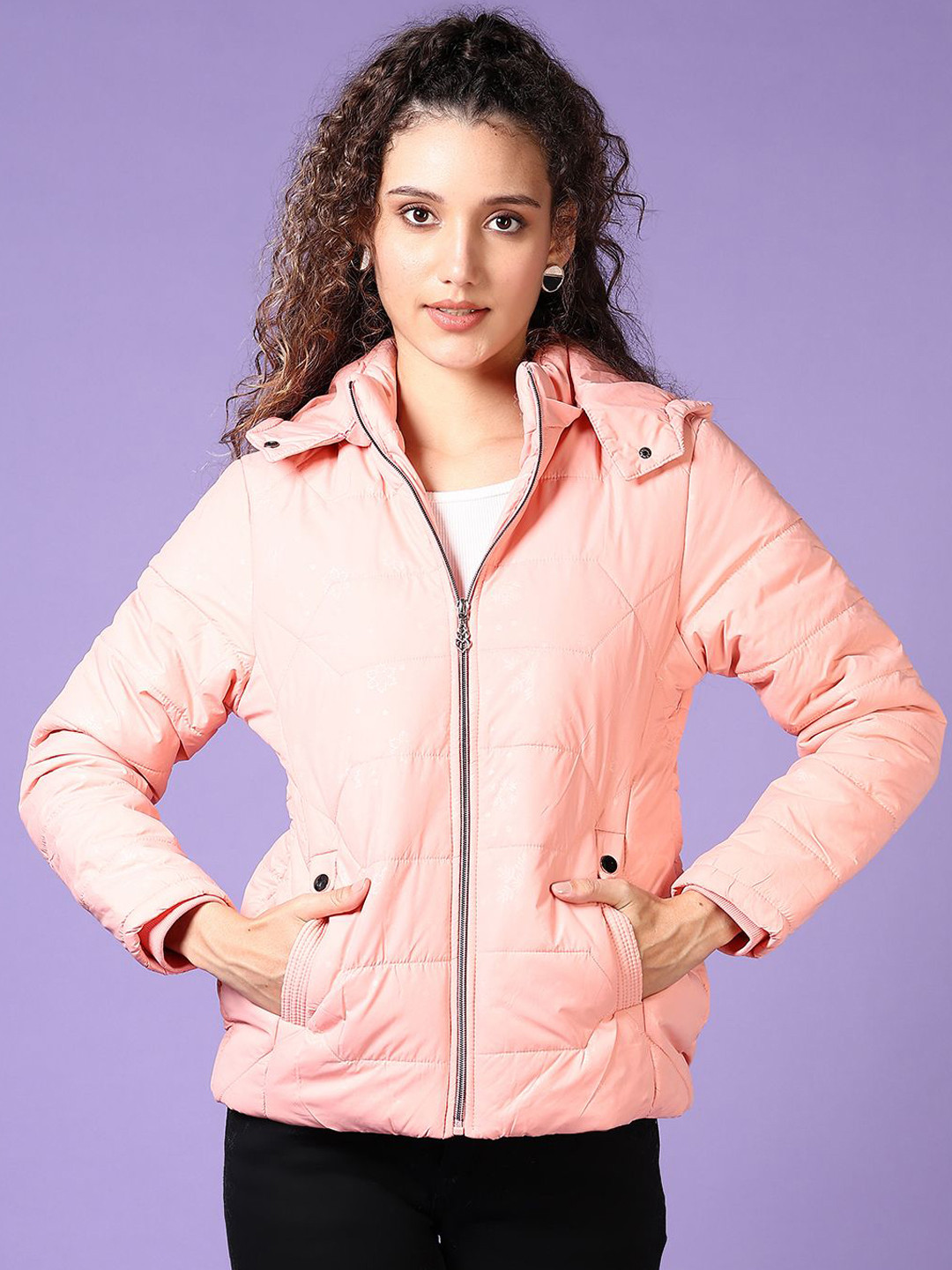 

V-Mart Women Hooded Solid Cotton Casual Puffer Jacket, Peach