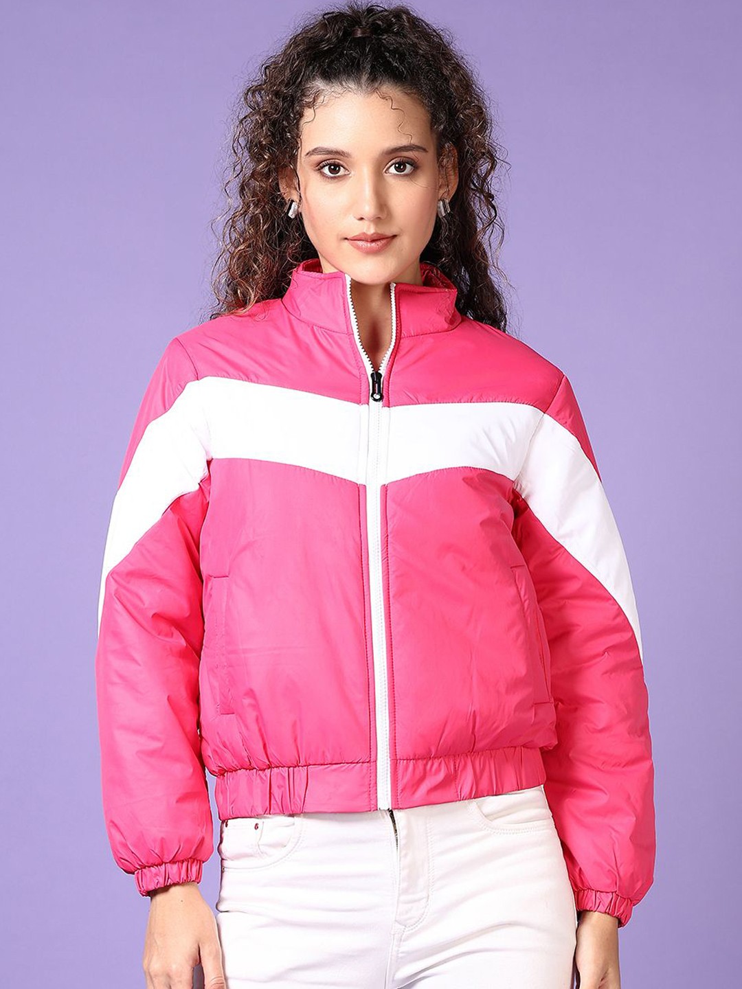 

V-Mart Women Mock Collar Colourblocked Cotton Casual Padded Jacket, Pink