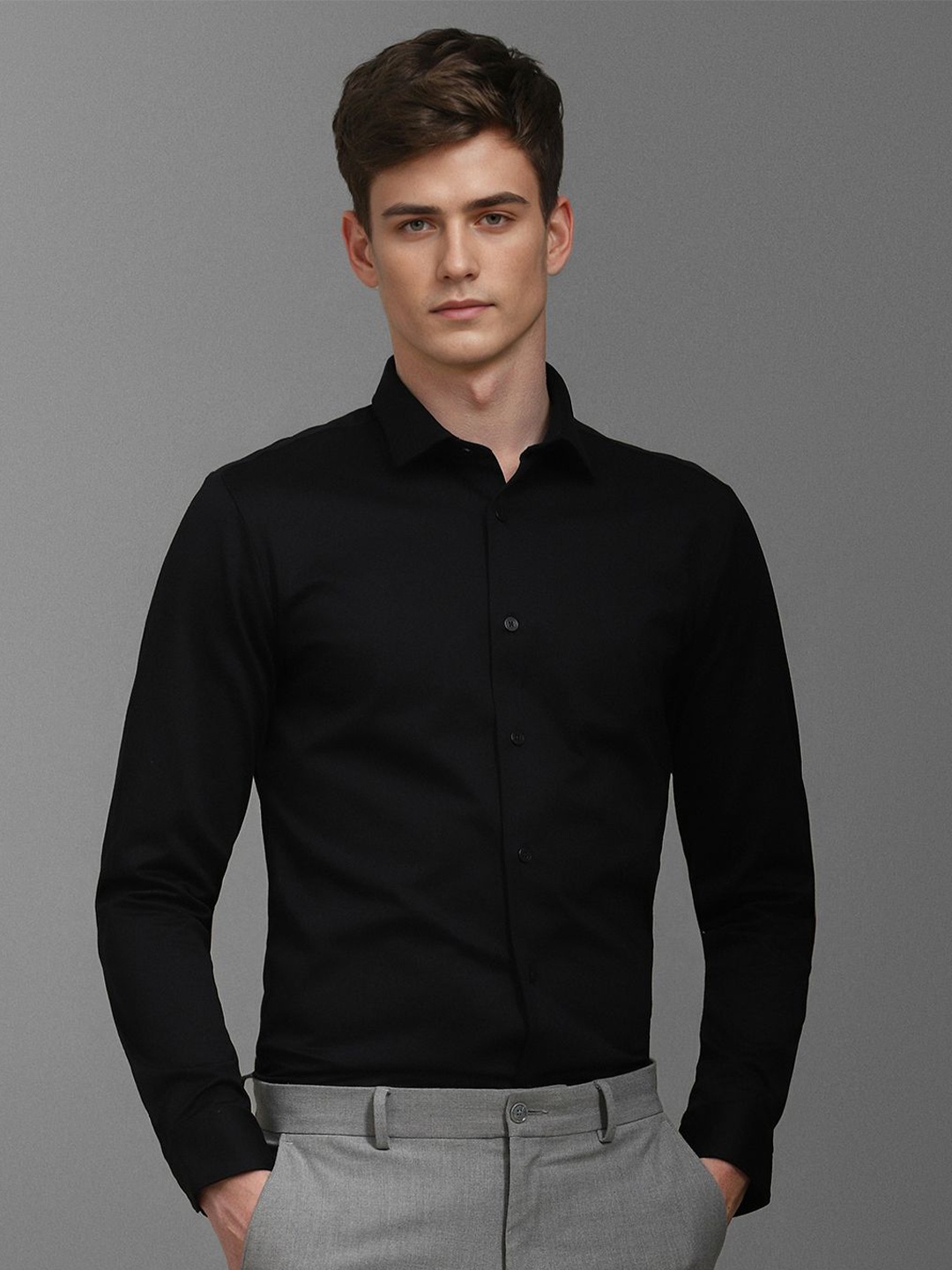 

Louis Philippe Men Spread Collar Solid Cotton Formal Shirt, Black