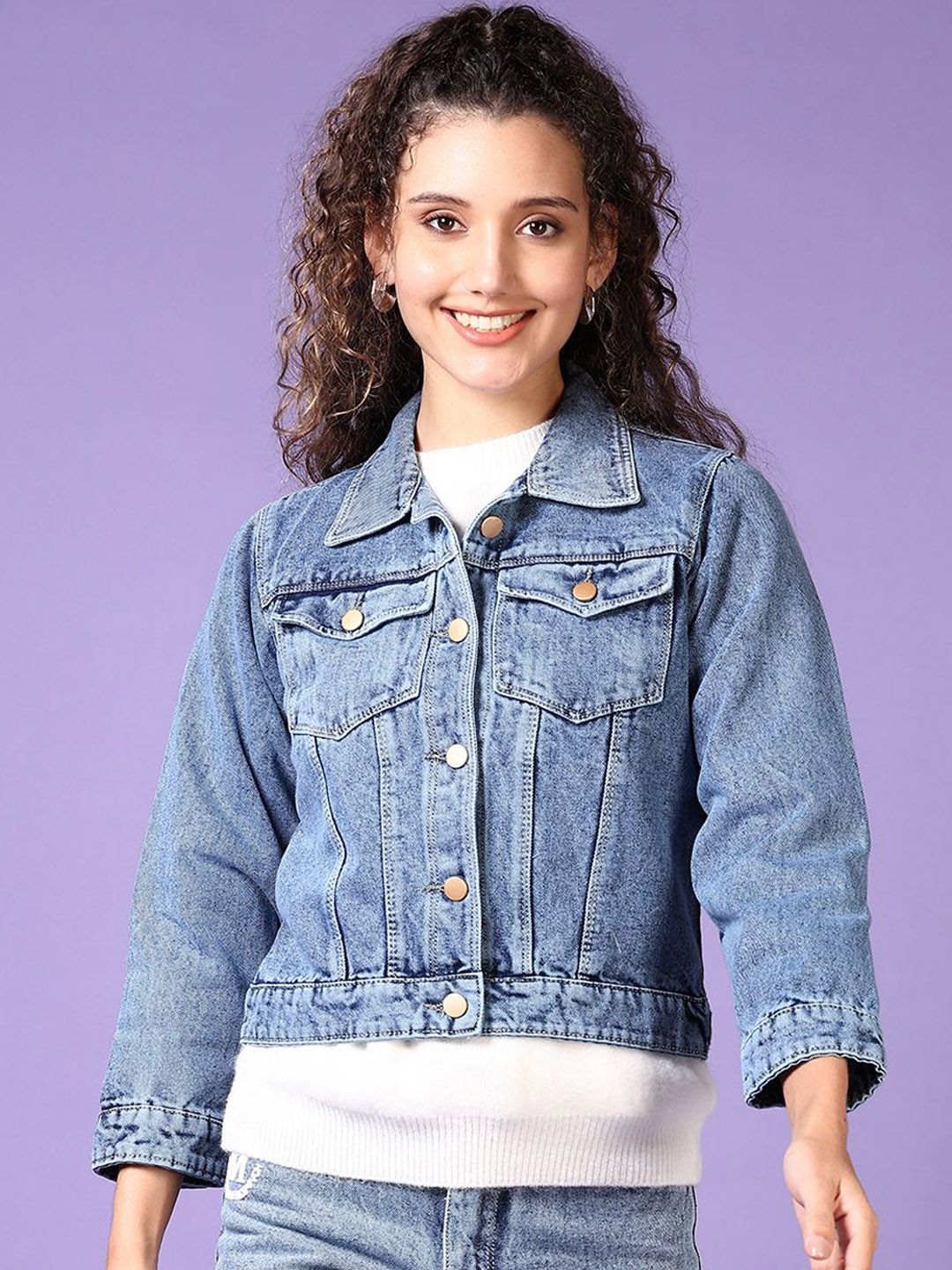 

V-Mart Women Spread Collar Washed Solid Cotton Casual Denim Jacket, Blue