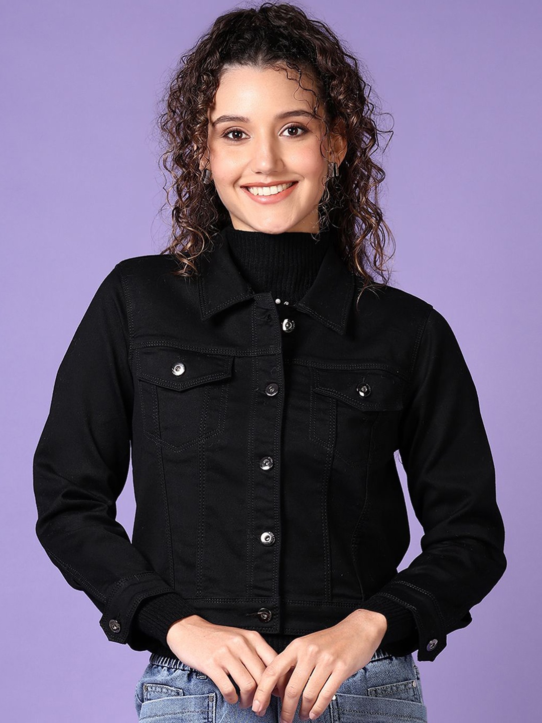 

V-Mart Women Spread Collar Solid Cotton Casual Denim Jacket, Black