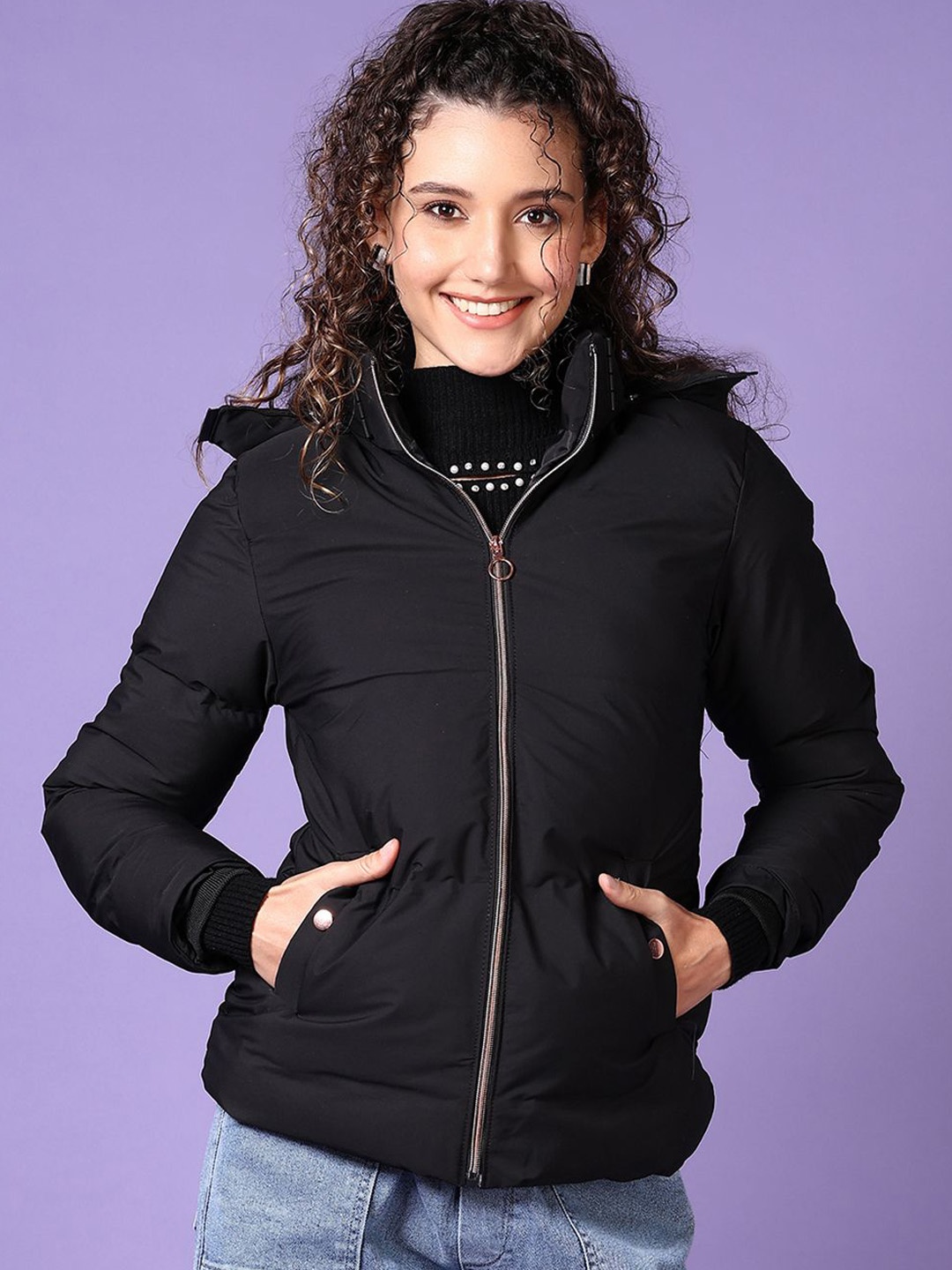 

V-Mart Women Hooded Solid Cotton Casual Puffer Jacket, Black